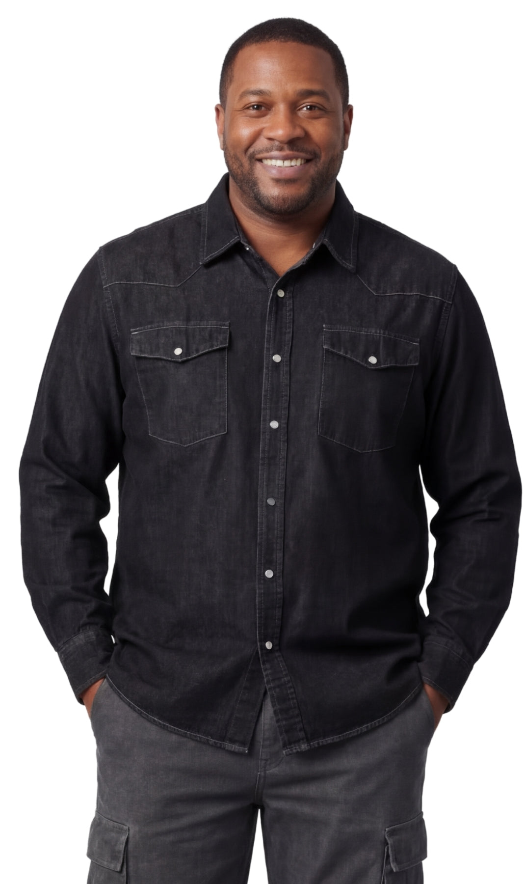 Turtle Bay Apparel Mens Western Snap Front Button Shirt in Denim and Twill with a Stitched Yoke and Chest Pockets – Black Front View