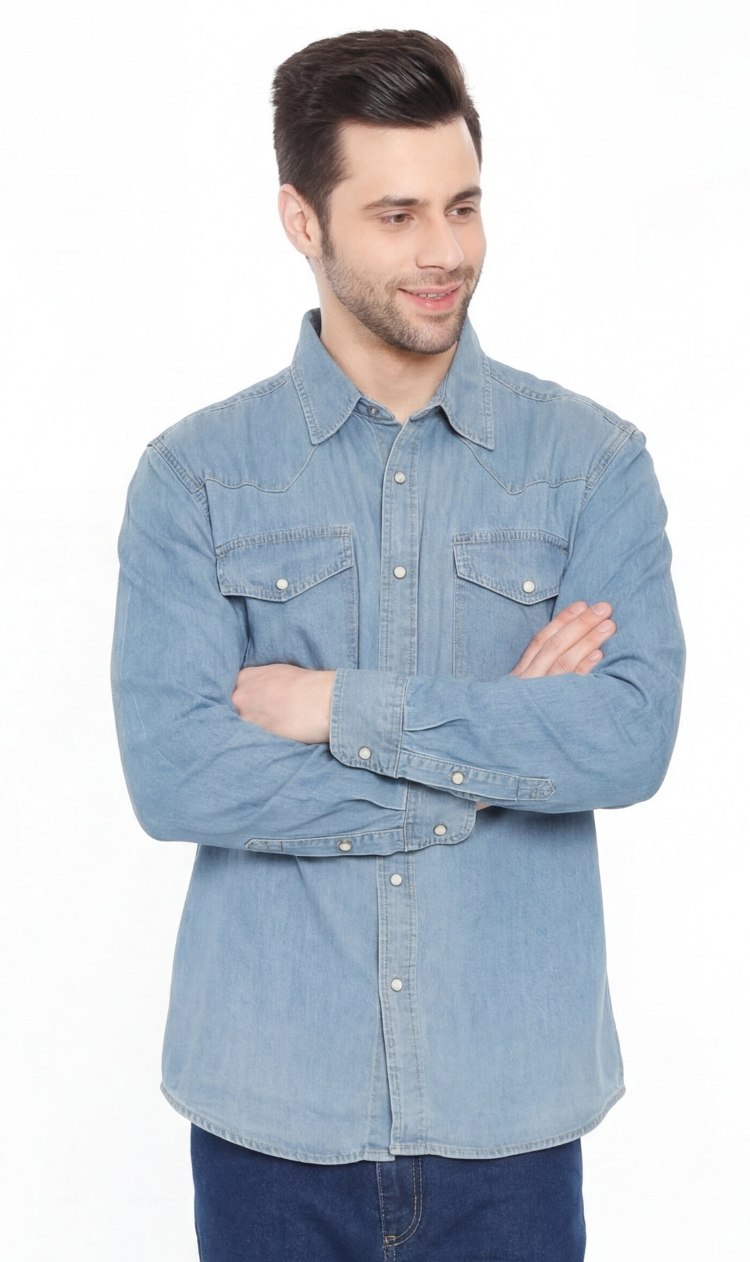 Mens Western Snap Front Button Shirt in Denim and Twill with a Stitched Yoke and Chest Pockets
