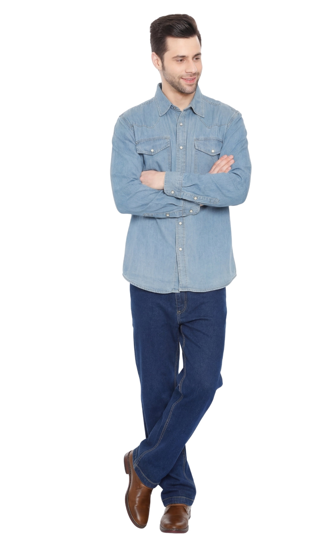 Turtle Bay Apparel Mens Western Snap Front Button Shirt in Denim and Twill with a Stitched Yoke and Chest Pockets – Stonewash Full Length View