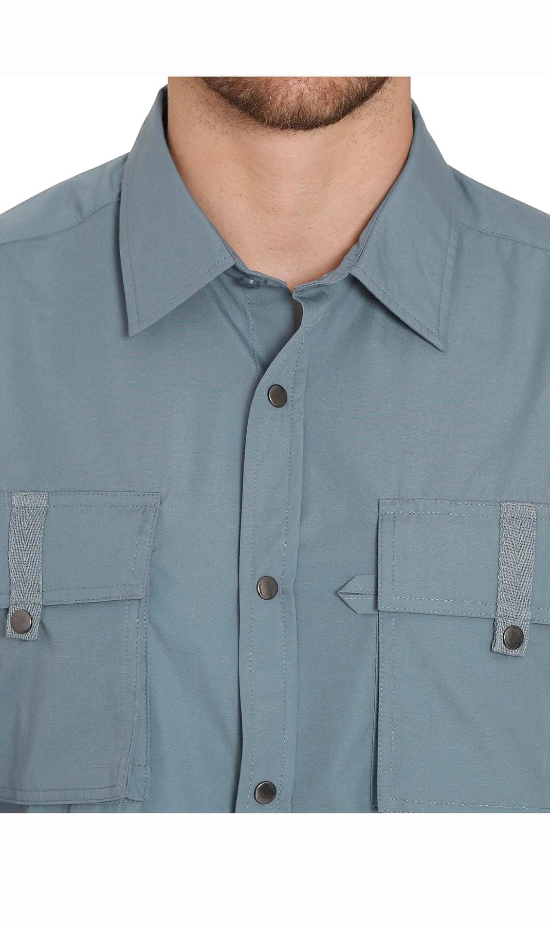 Men's Explorer Easy Snap Shirt - Multi-Pocket Organization - Cadet Blue - Neck - TURTLE BAY APPAREL