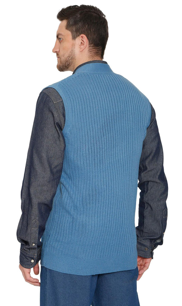 Men's Ribbed Button Front Vest Sweater - Button Up Vest in a Handsome Ribbed Knit - Blue - Back -TURTLE BAY APPAREL