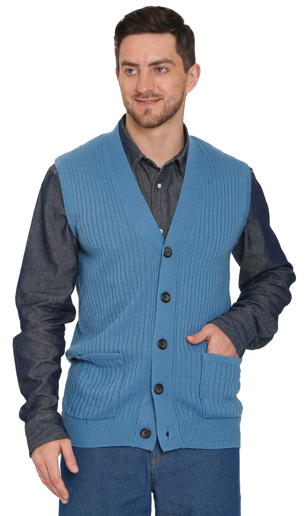Men's Relaxed Fit Rib Knit Sweater Vest - Button Front with Pockets