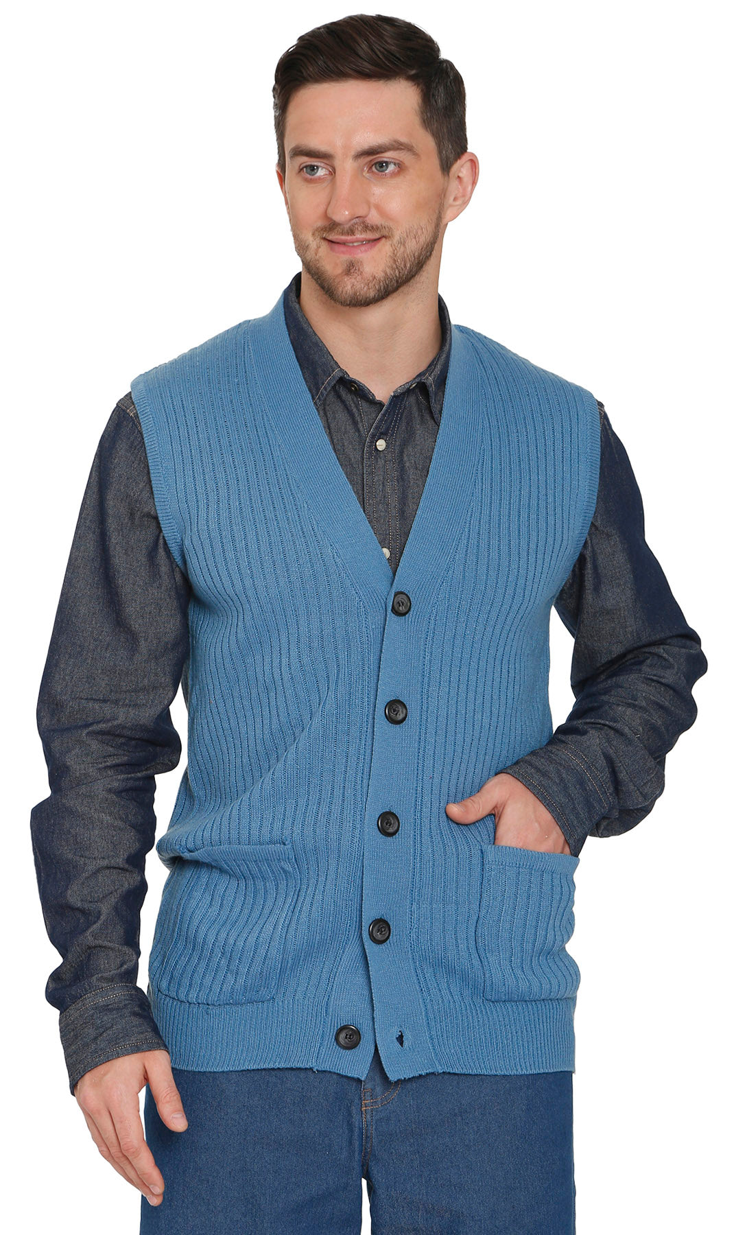 Men's Relaxed Fit Rib Knit Sweater Vest - Button Front with Pockets 9
