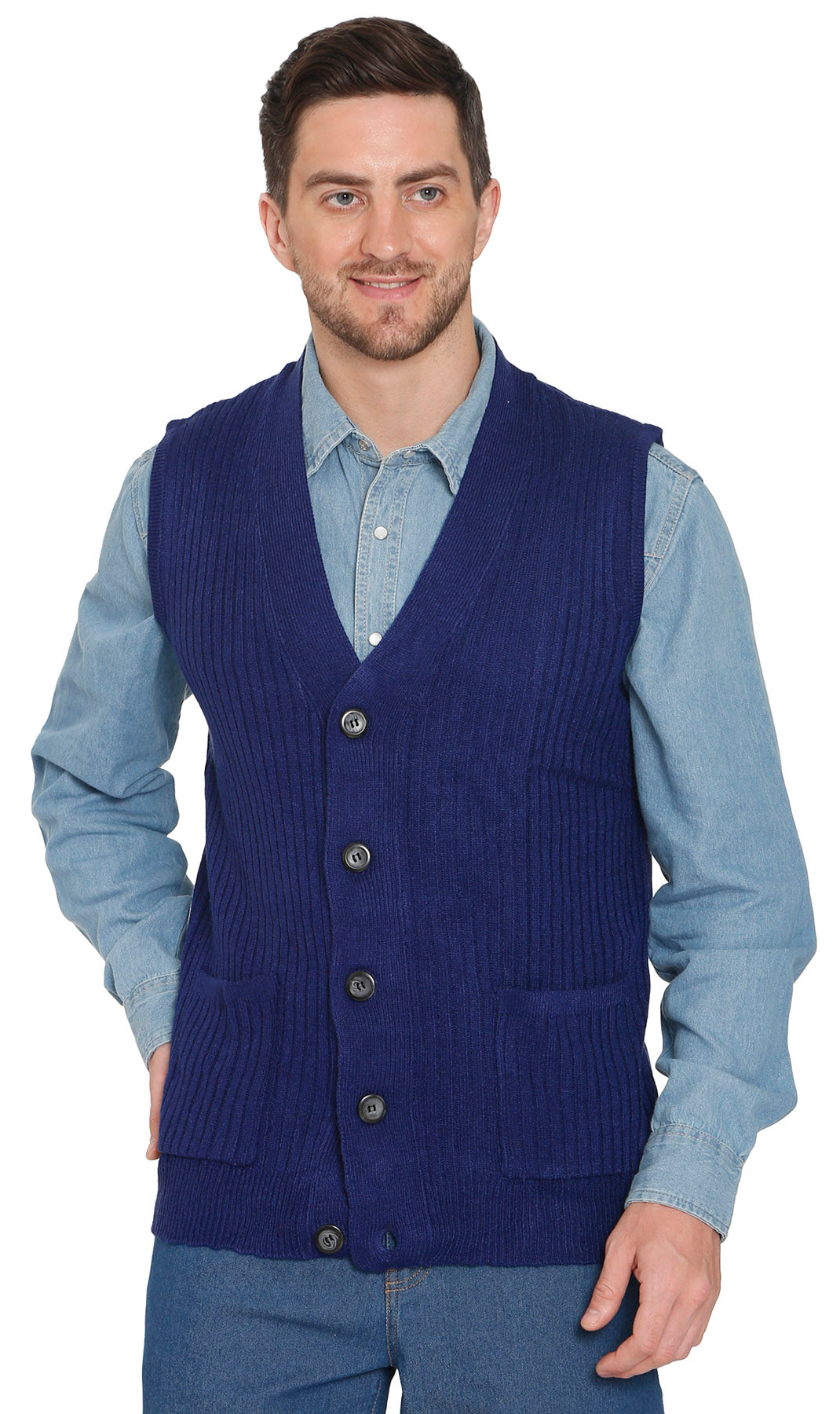 Men's Relaxed Fit Rib Knit Sweater Vest - Button Front with Pockets 24