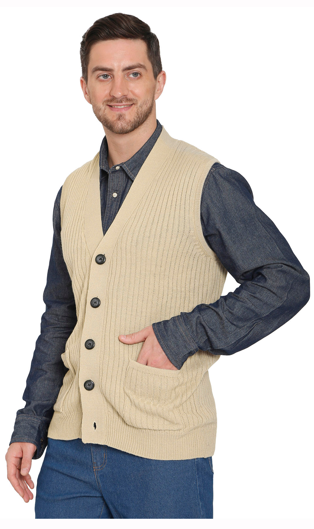 Men's Relaxed Fit Rib Knit Sweater Vest - Button Front with Pockets 26