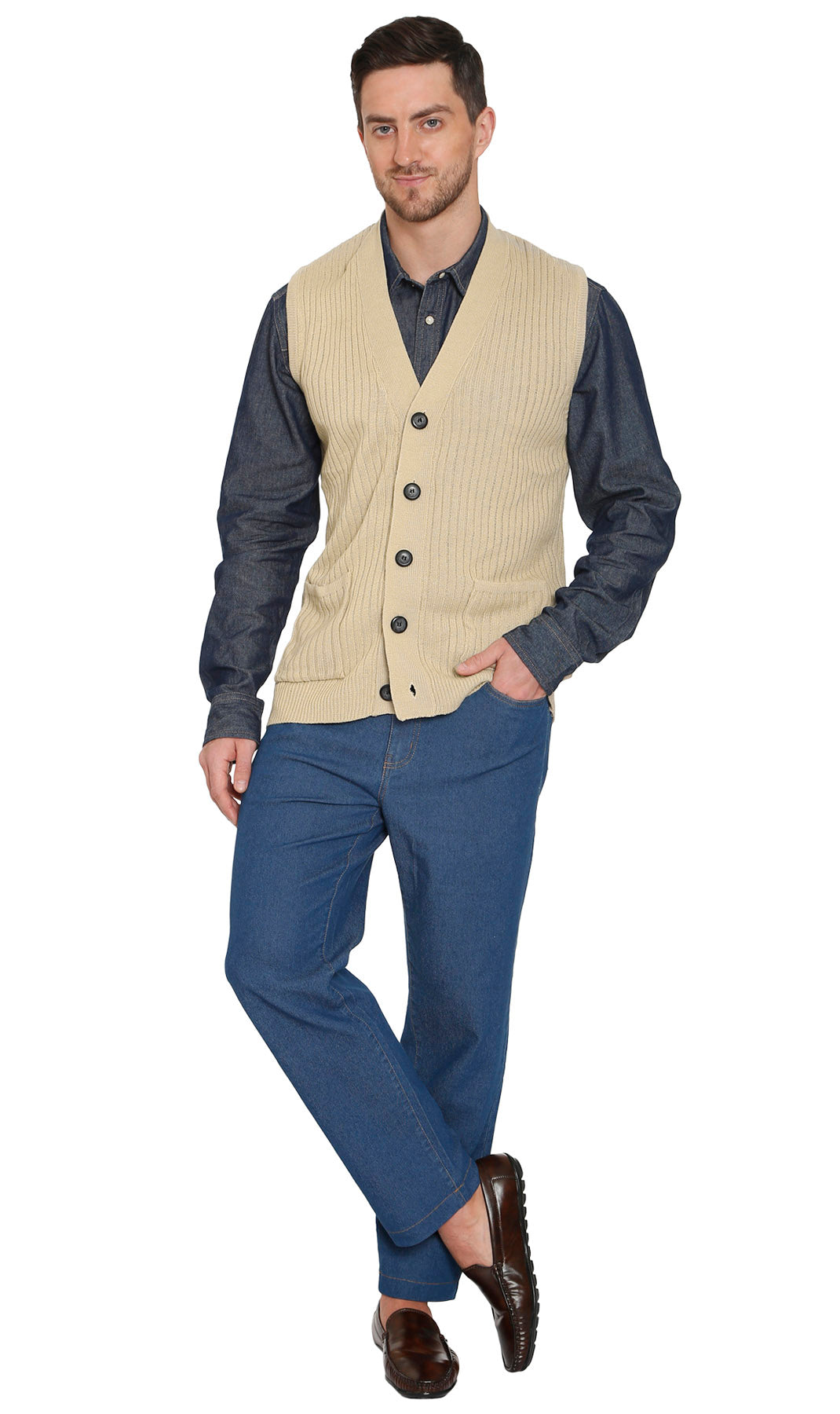 Men's Relaxed Fit Rib Knit Sweater Vest - Button Front with Pockets 34