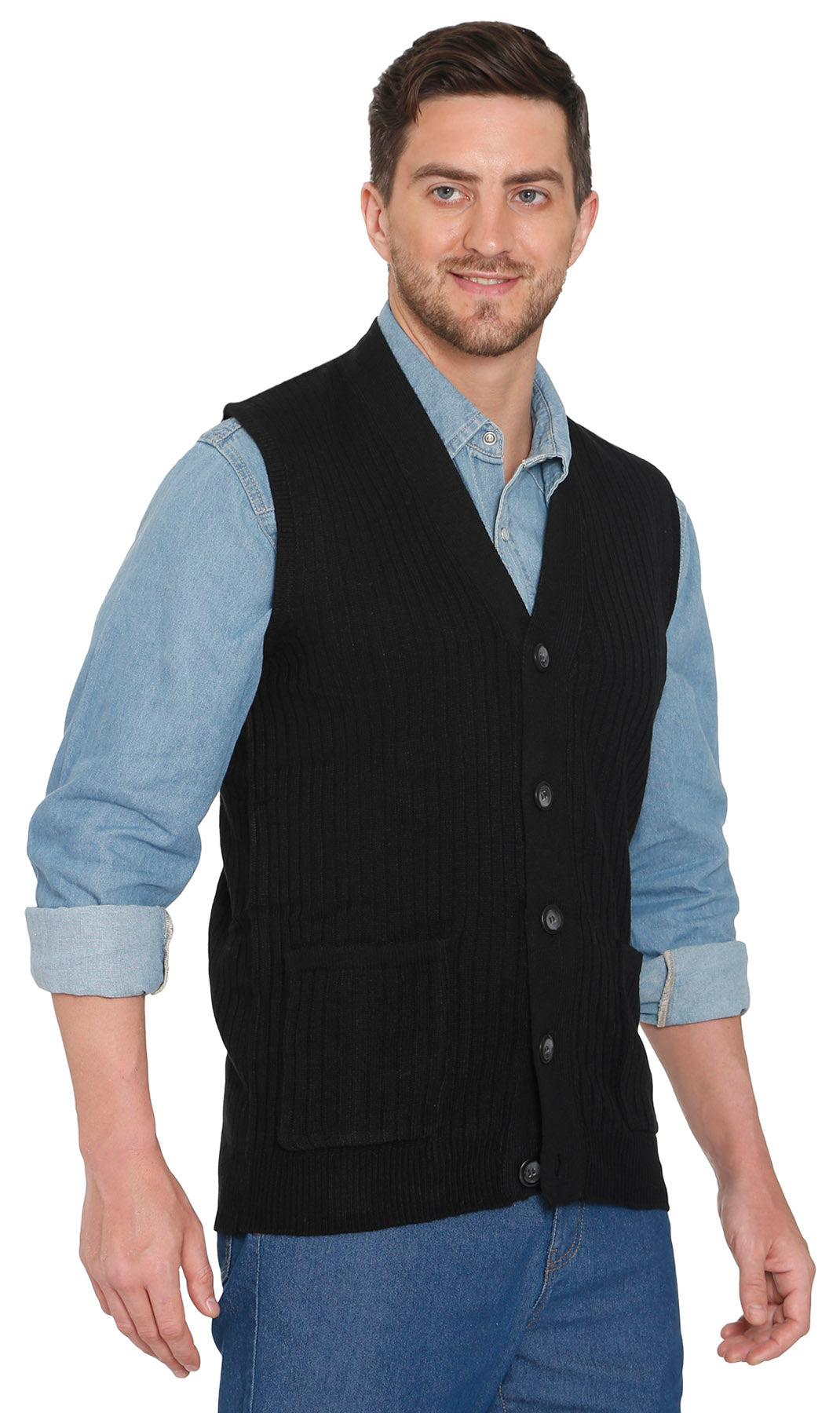 Men's Cashmere-Like Button Front Flat Knit Sweater Vest with front patch pockets 32