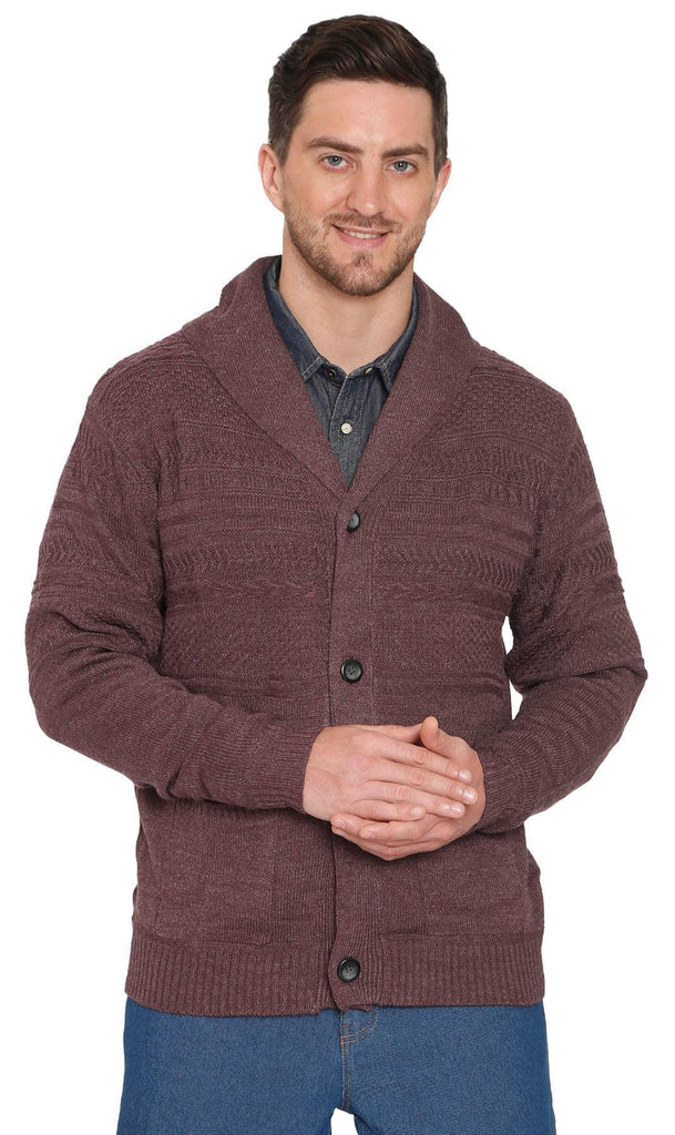 Mens Jacquard Weave Shawl Collar Cardigan - BURGUNDY - front -TURTLE BAY APPAREL