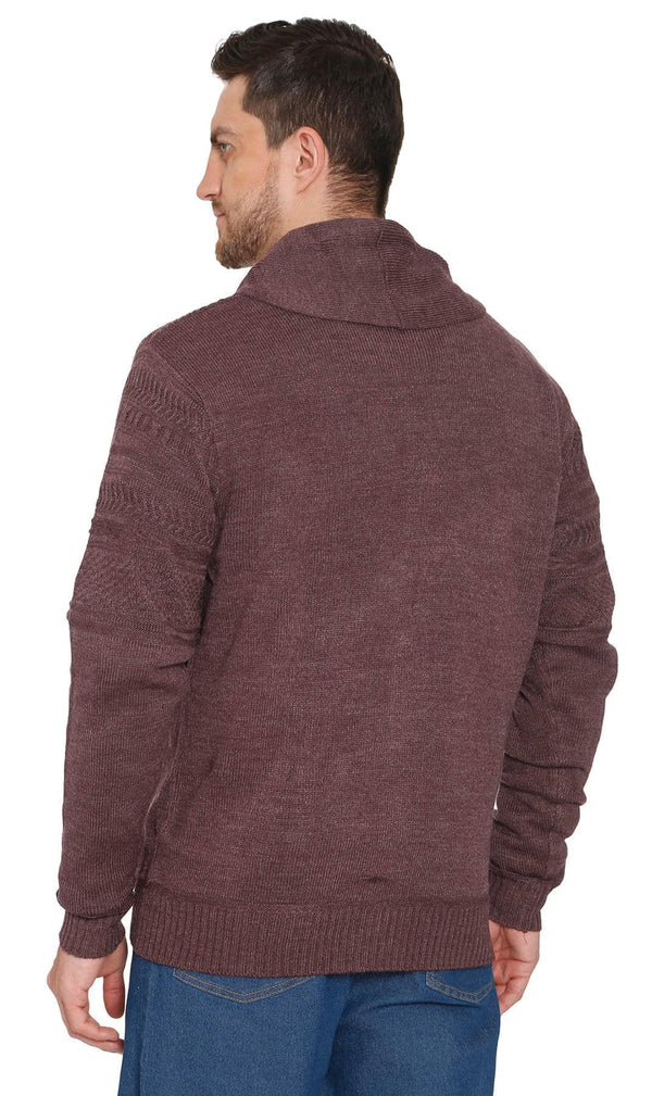 Mens Jacquard Weave Shawl Collar Cardigan - BURGUNDY - Back-  TURTLE BAY APPAREL