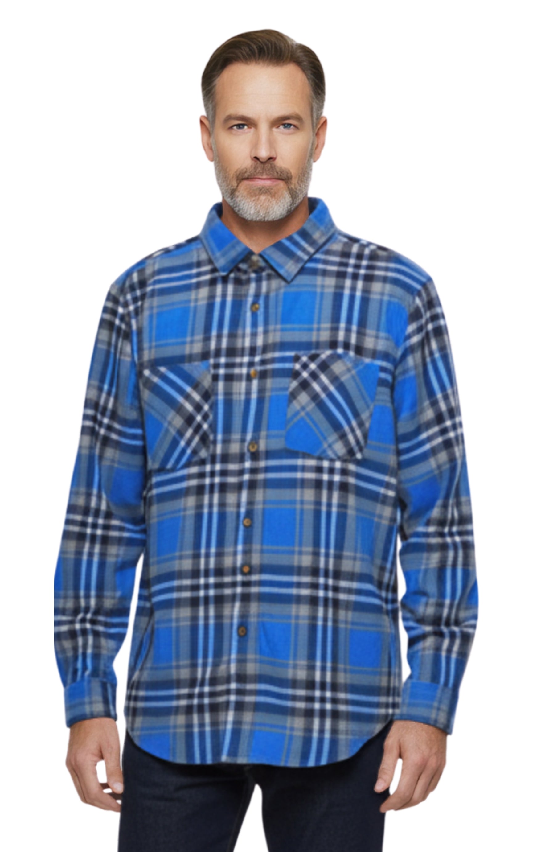 Turtle Bay New York Men's Heathered Fleece Overshirt with Chest Pockets and Tortoise-shell patterned Buttons blue Plaid side front