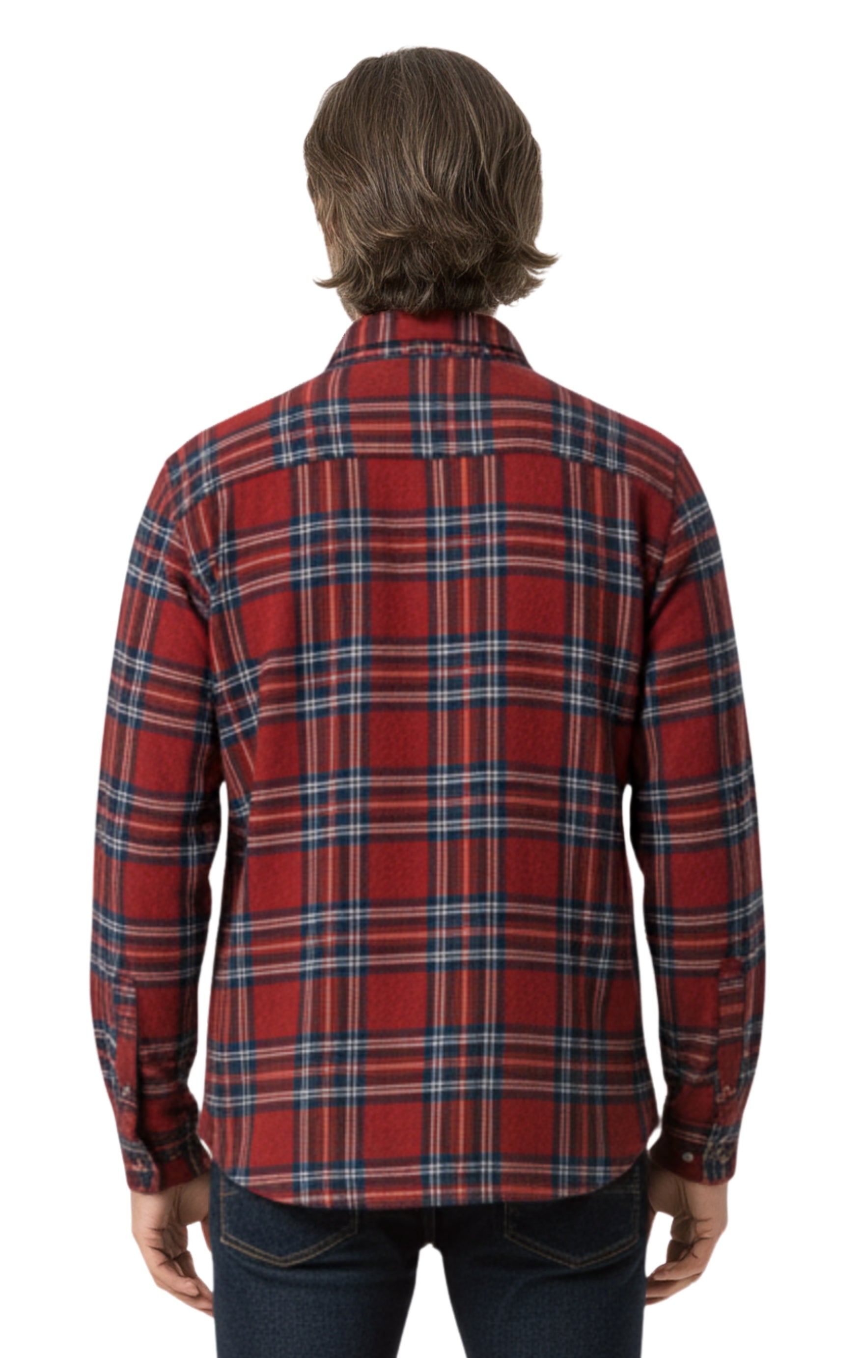 Turtle Bay New York Men's Heathered Fleece Overshirt with Chest Pockets and Tortoise-shell patterned Buttons Burgundy Plaid back 