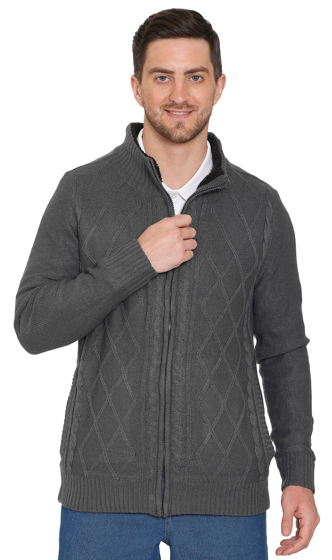 Mens Sherpa Fleece Lined Zip Front Sweater Jacket