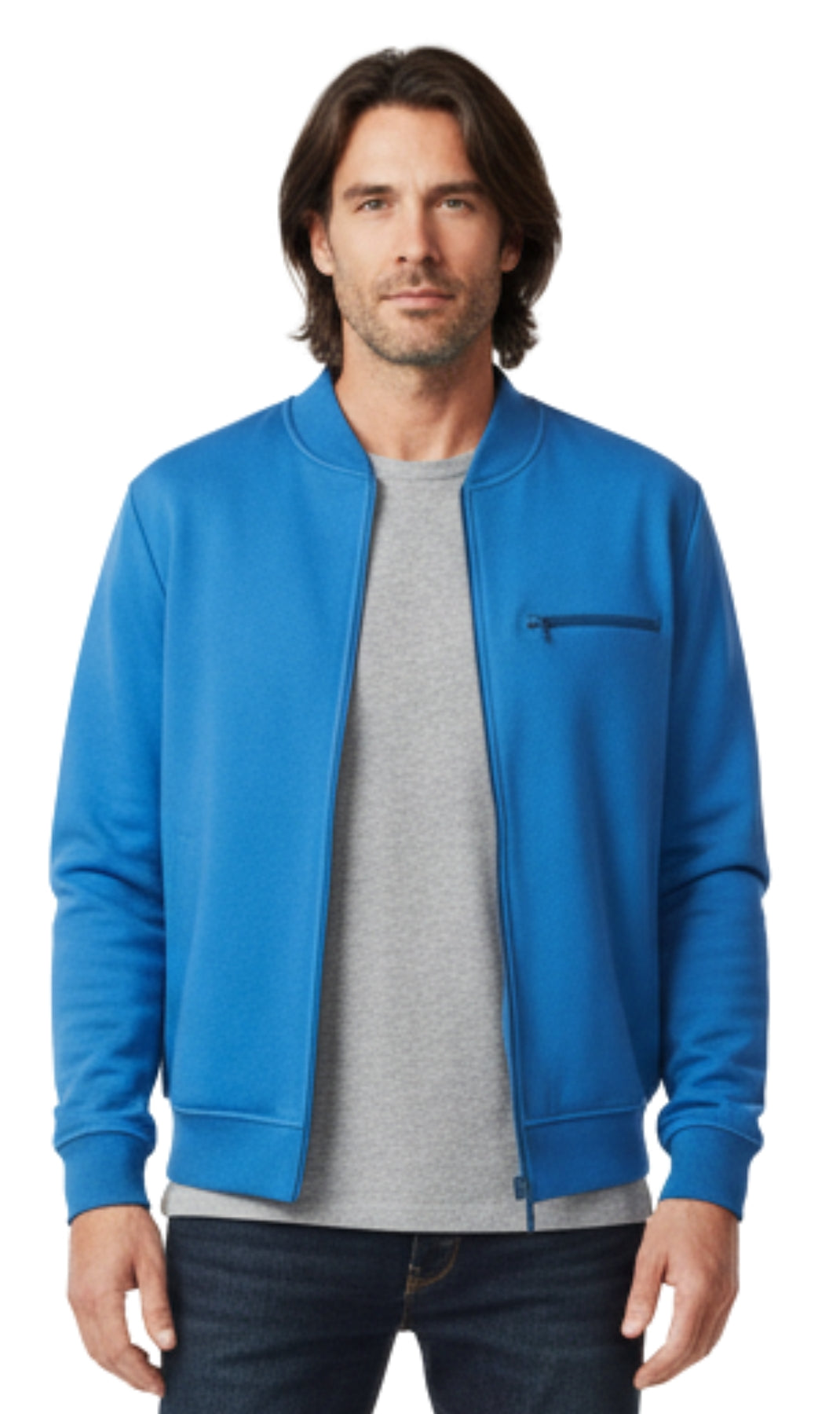 Turtle Bay New York Men's Classic Zip-Up Baseball Fleece Jacket in Lightweight Cotton Blend Fabric with Sporty Edge cobalt front