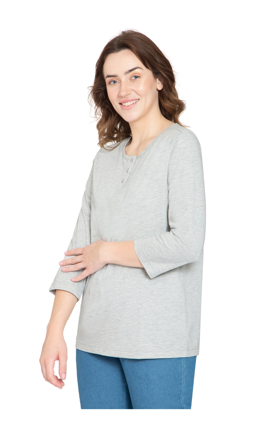 Women's 3/4 sleeves Henley in Cotton Blend with Button Placket 36