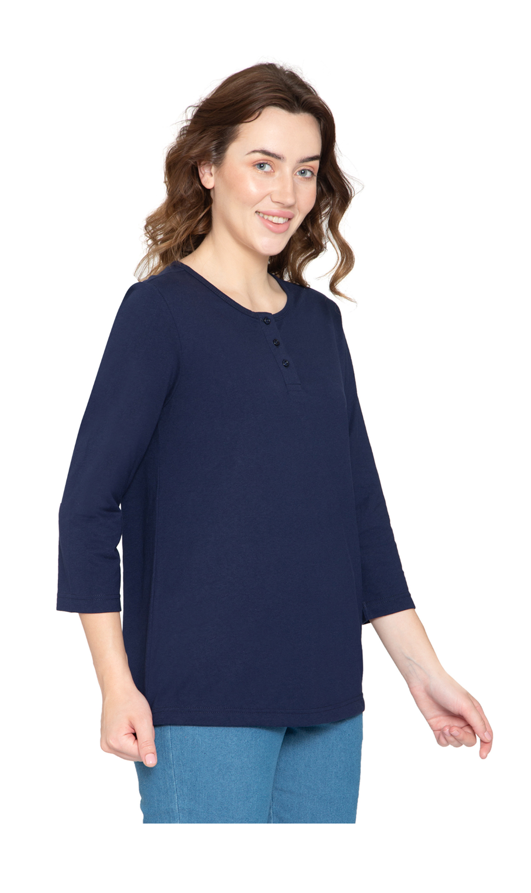 Women's 3/4 sleeves Henley in Cotton Blend with Button Placket 46