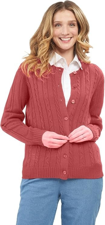 Women's Classic Button Front Cable Knit Cardigan in Soft Acryllic 11