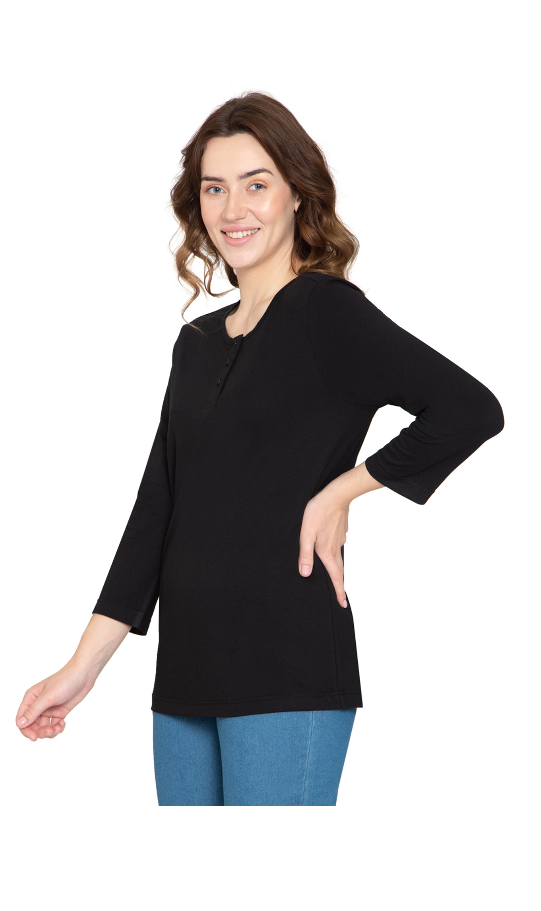 Women's 3/4 sleeves Henley in Cotton Blend with Button Placket 29
