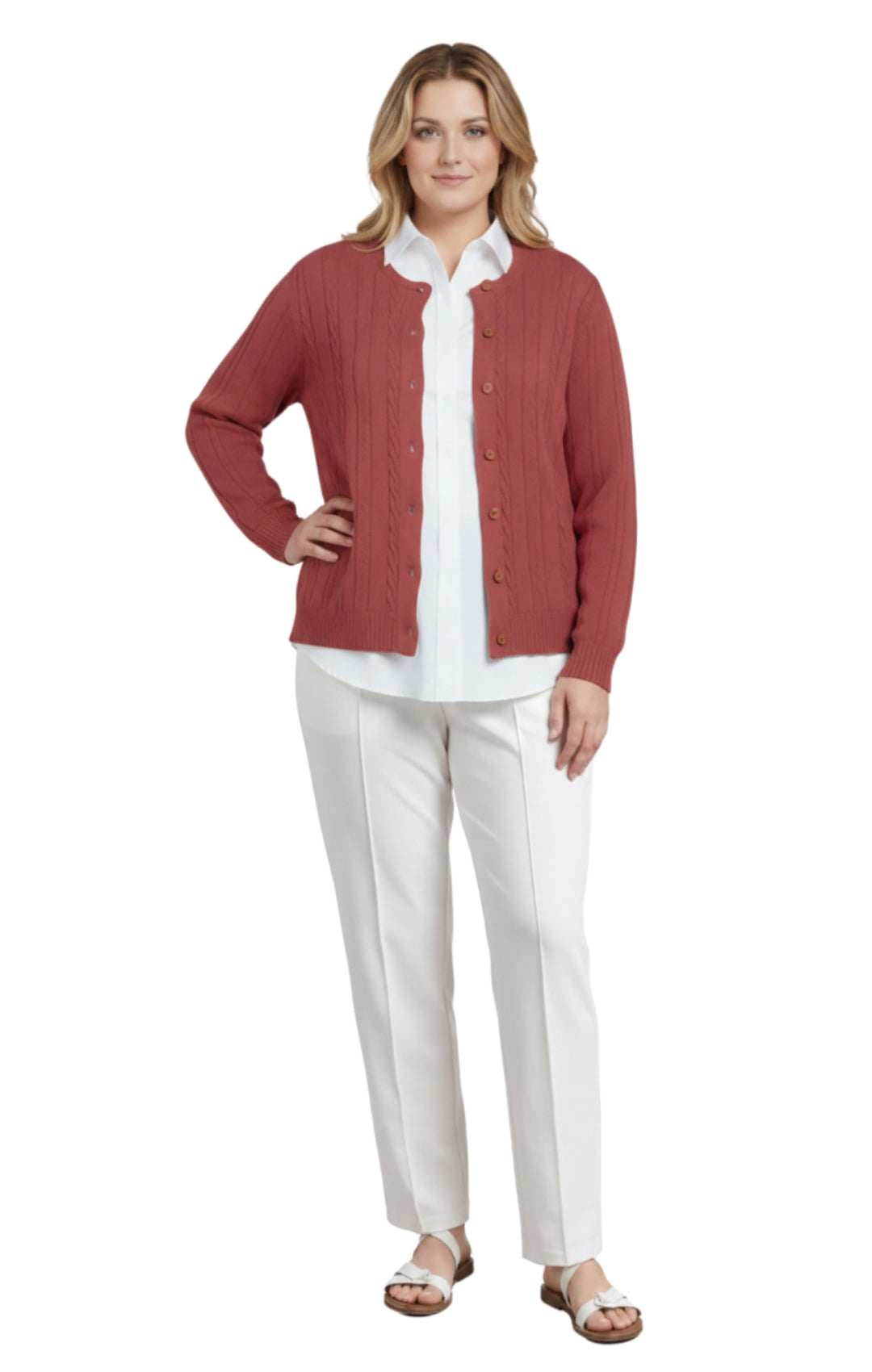 Women's Classic Button Front Cable Knit Cardigan in Soft Acryllic 29