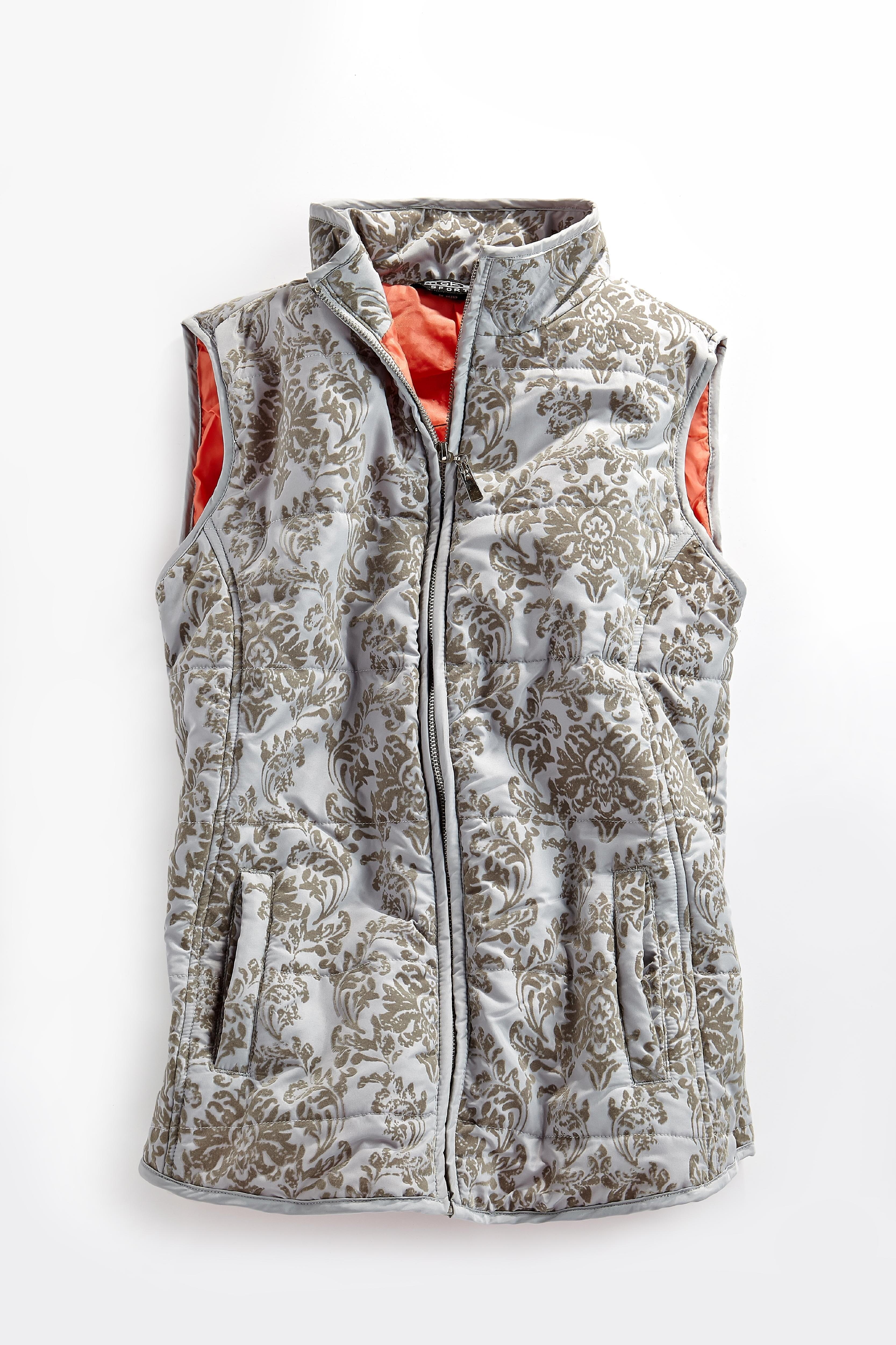 Women's Flocked Damask Print Zip Front Vest With Lining And Fill - Flat lay - TURTLE BAY APPAREL