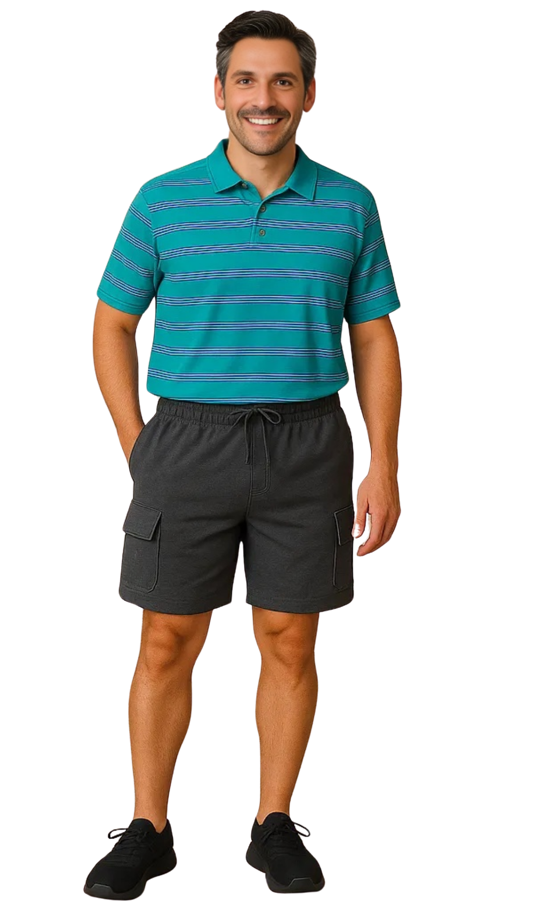 Man wearing a teal striped polo shirt and black shorts on a white background- FRONT