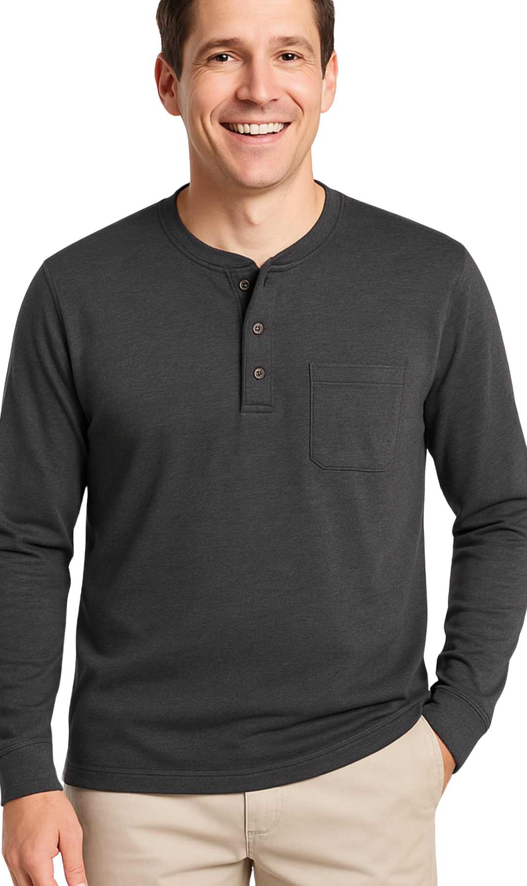 Turtle Bay New York Men's Long Sleeve Henley Shirt with 3 Button Placket-Charcoal Heather-20408 Front