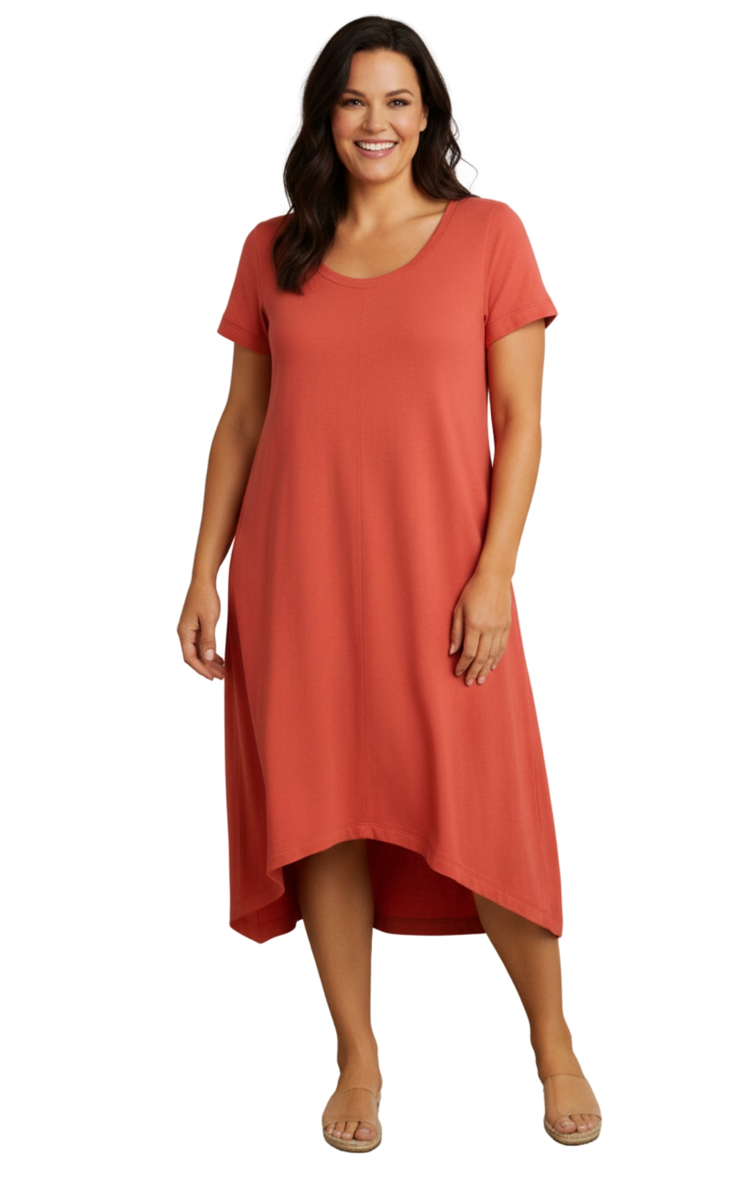 Women's Knit Wide Scoop Neck Short Sleeve Dress in A-line Asymmetrical Hem 5