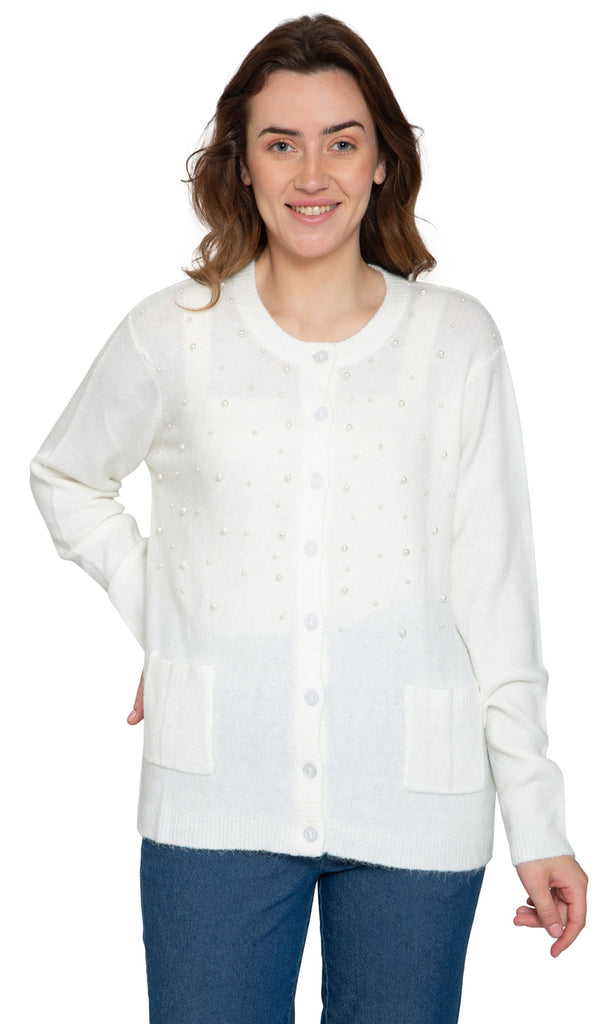 Women's Faux Pearl Cardigan in Cashmere-like Soft Knit