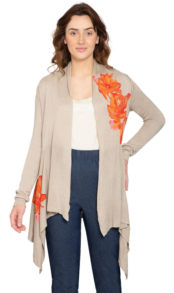 Women's Floral Embellished Open Long Cardigan - Front -TURTLE BAY APPAREL