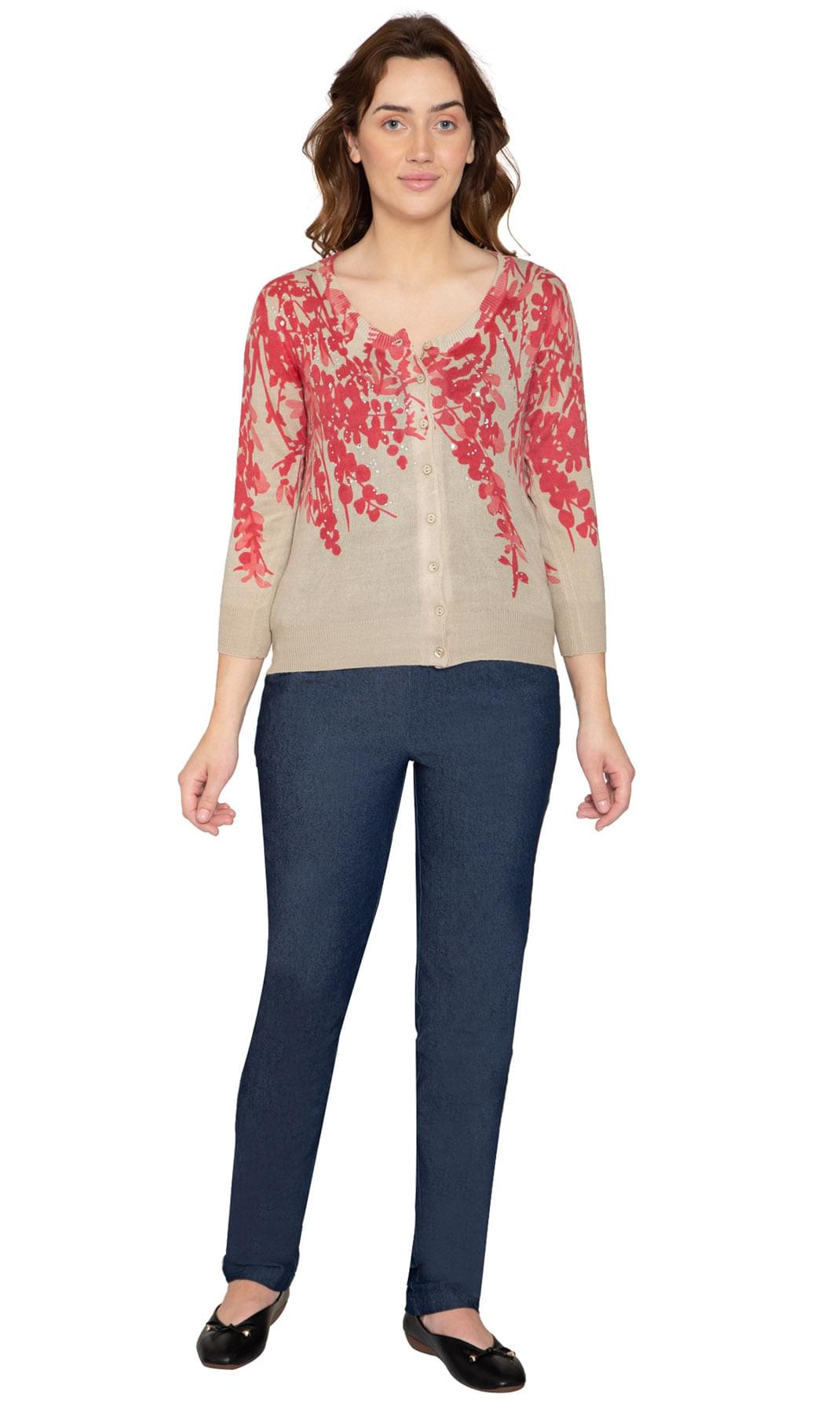 Women's 3/4 Sleeve Knit Printed And Embellished Cardigan Sweater - Coral - Full - TURTLE BAY APPAREL