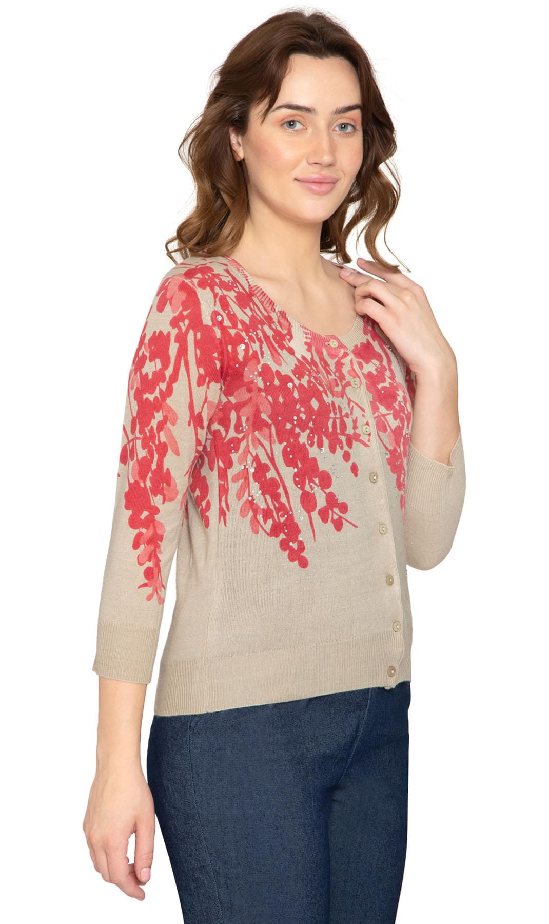 Women's 3/4 Sleeve Knit Printed And Embellished Cardigan Sweater - Coral - Side -TURTLE BAY APPAREL