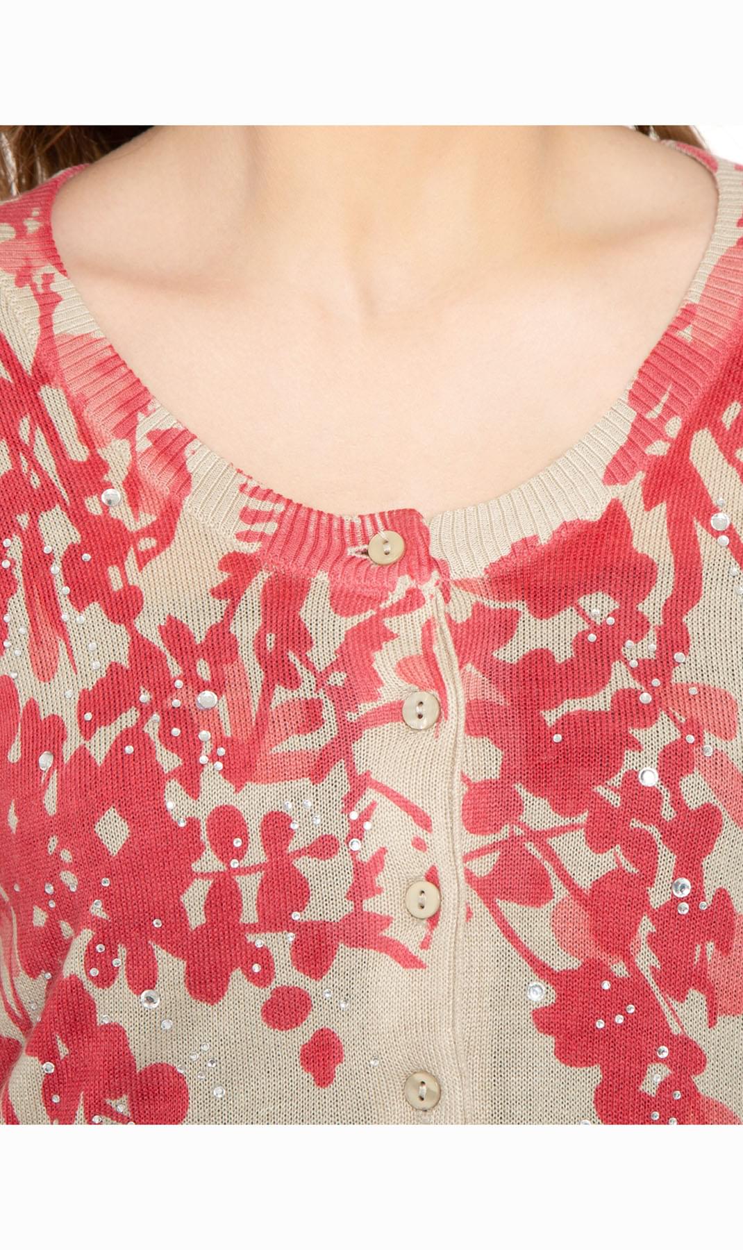 Women's 3/4 Sleeve Knit Printed And Embellished Cardigan Sweater - Coral - Close up - TURTLE BAY APPAREL