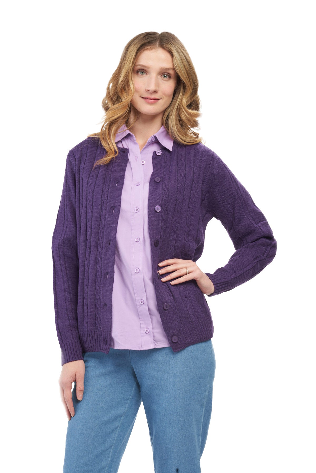Women's Classic Button Front Cable Knit Cardigan in Soft Acryllic 3
