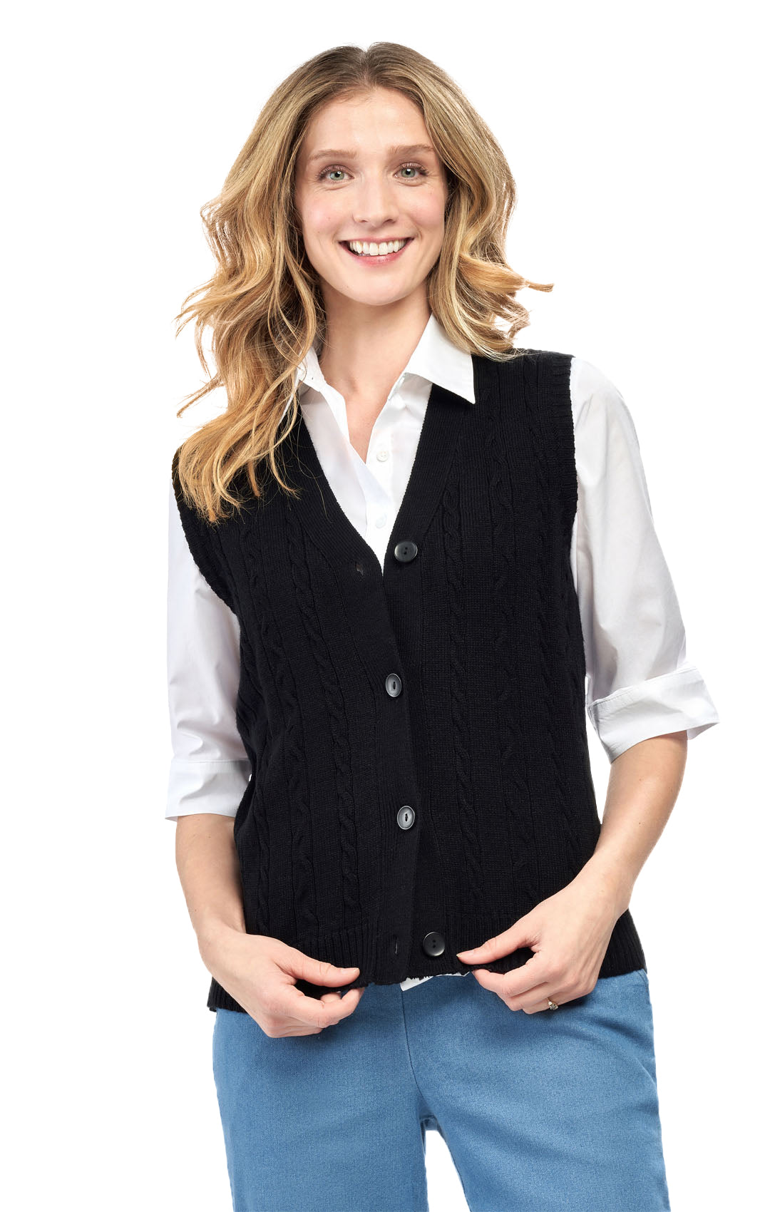 Womens Button Front Cable Knit Cardigan Sweater Vest