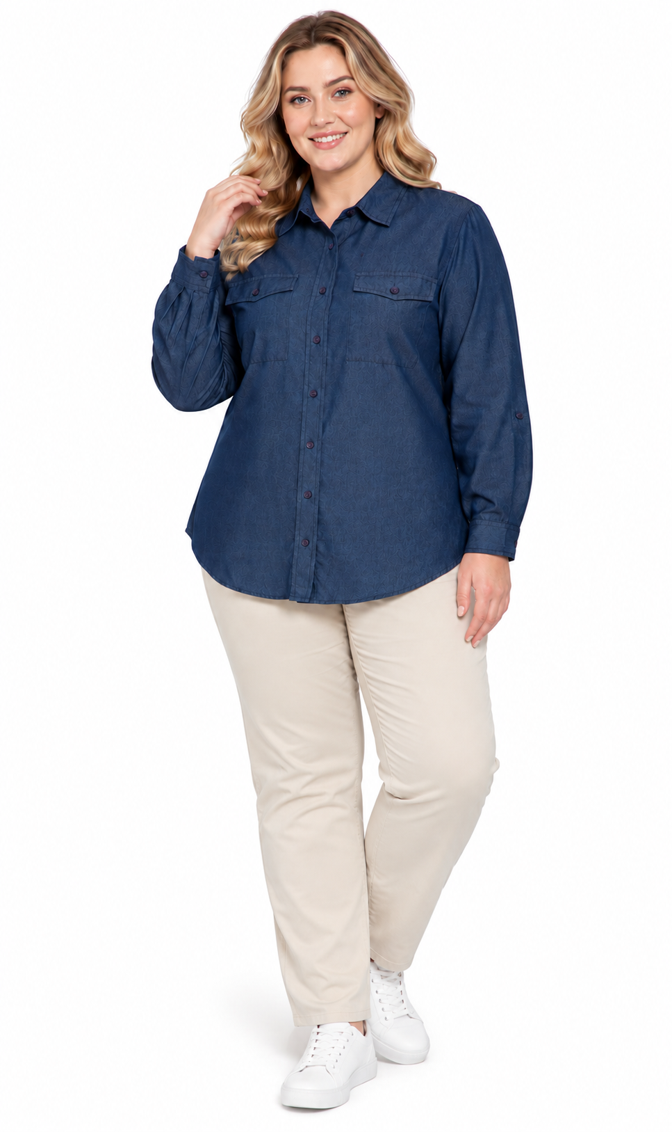Women's Long Sleeve Button Down Denim Shirt with Front Pocket 6