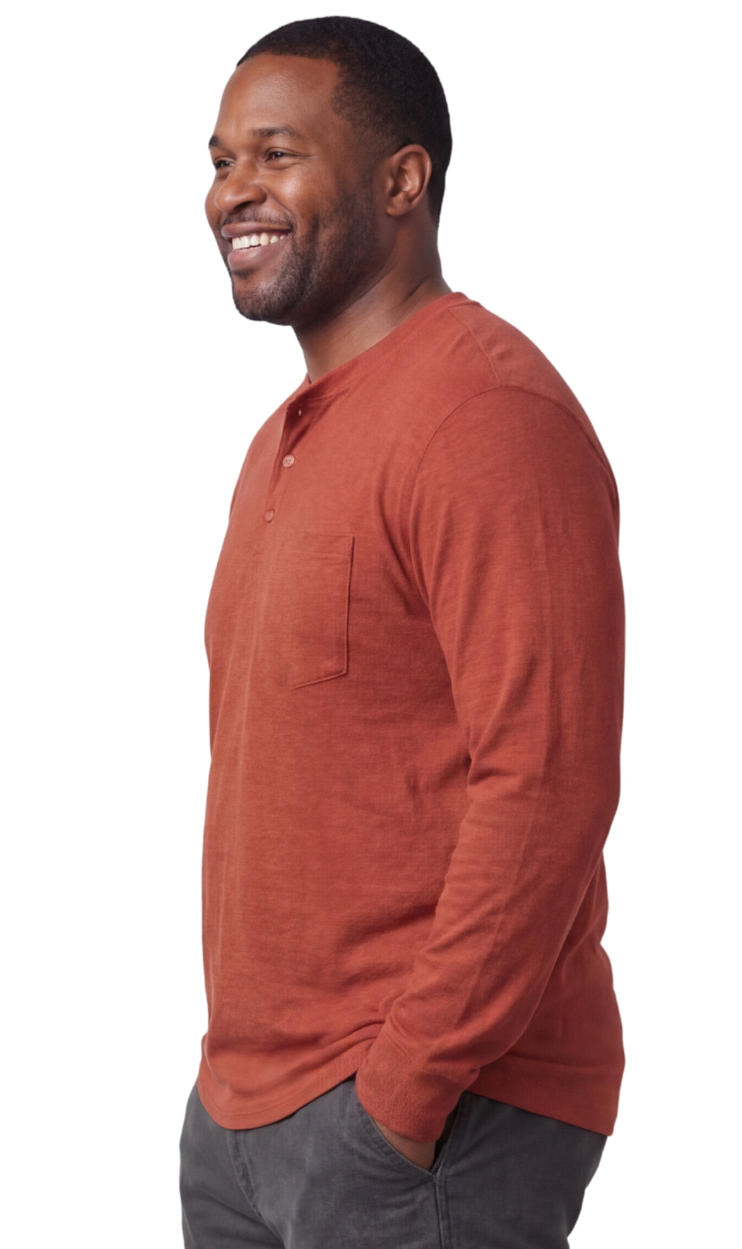 Turtle Bay New York Men's Long Sleeve Henley shirt in cotton blend with 3 Button Placket & Chest Pocket redwood side
