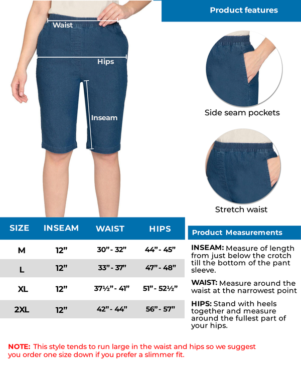 Women's Denim & Twill Pull On Bermuda Shorts- Easy Pull On Styles in Lightweight Denim & Twill