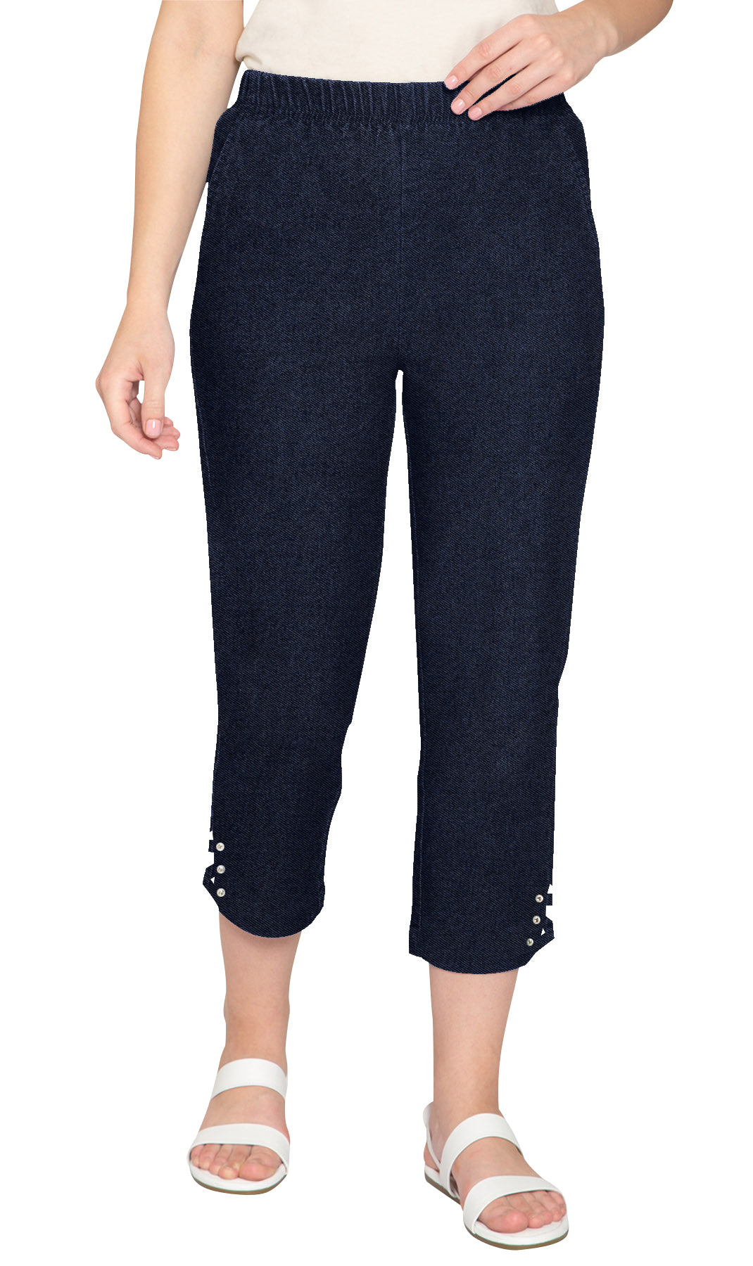 Women's Capris with Studded Hem Detail in Tri-Blend Denim and Twill with Angled side Pockets Indigo Main
