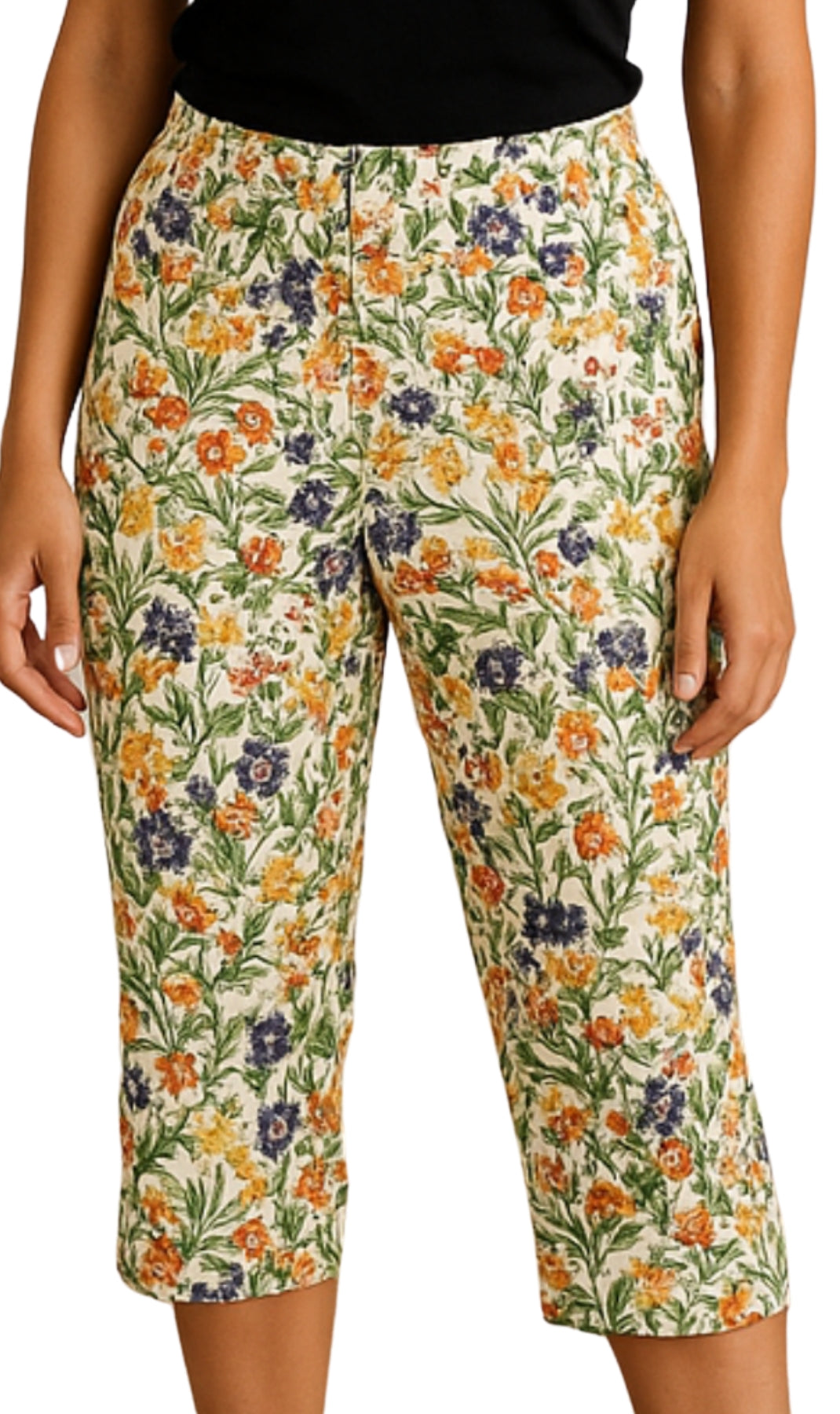 Floral patterned pants worn by a person on a plain background