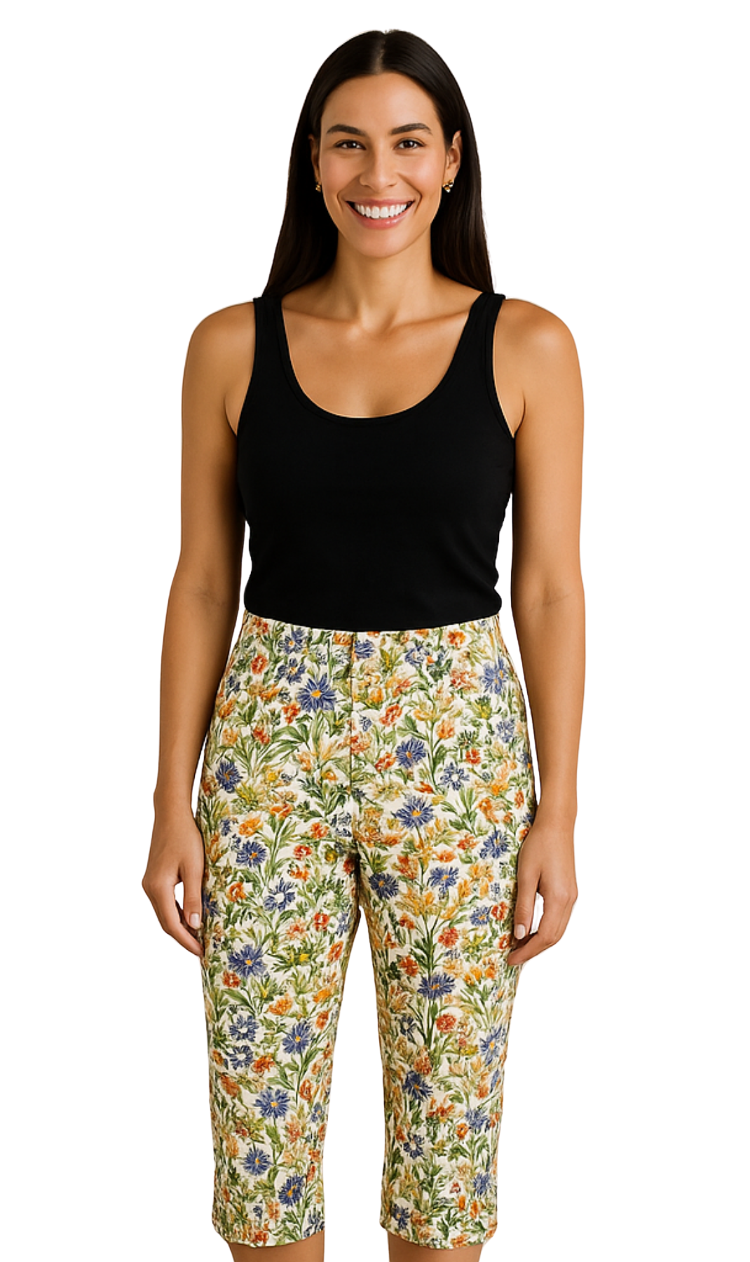 Woman wearing a black tank top and floral pants on a white background