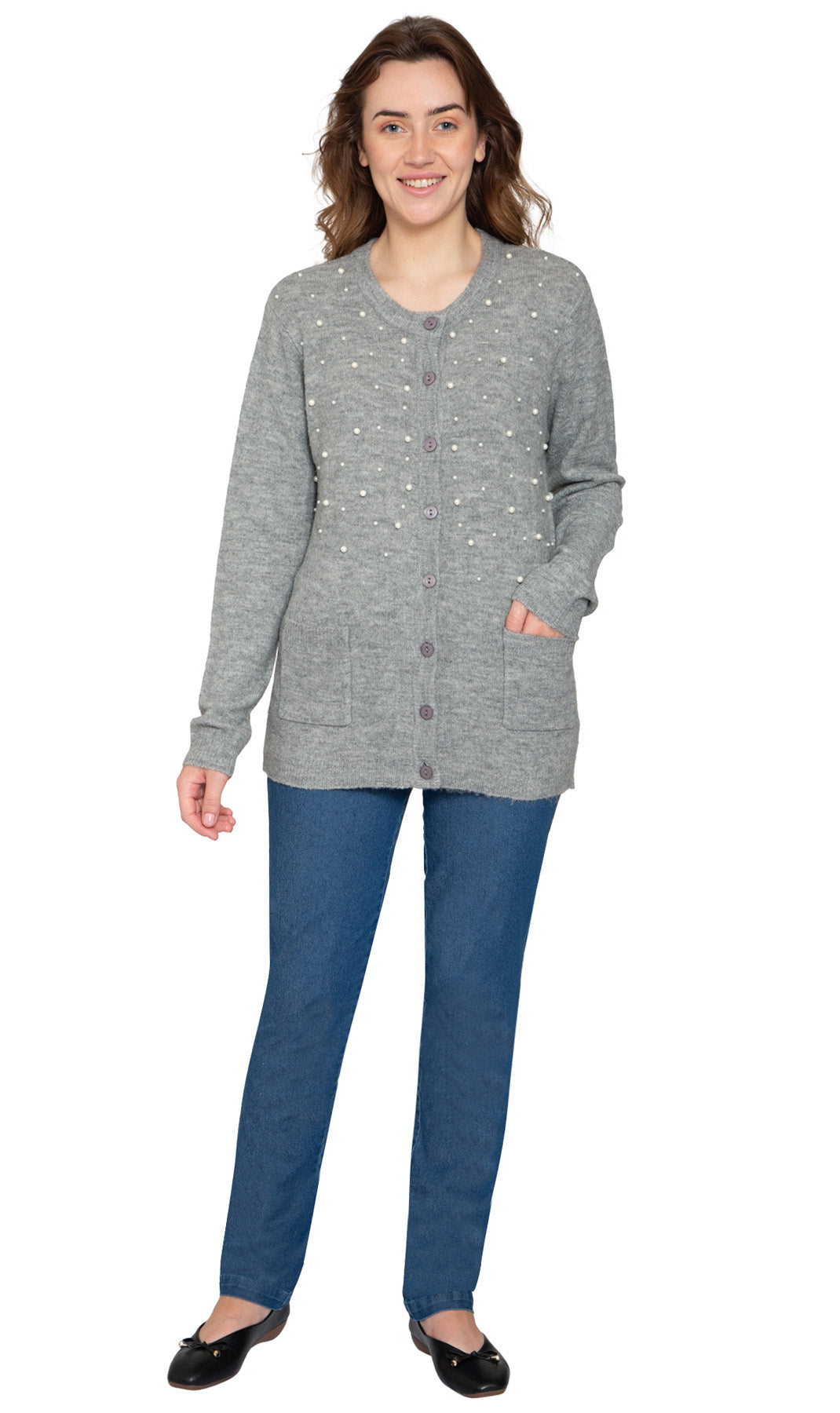 Women's Faux Pearl Cardigan in Cashmere GREY 