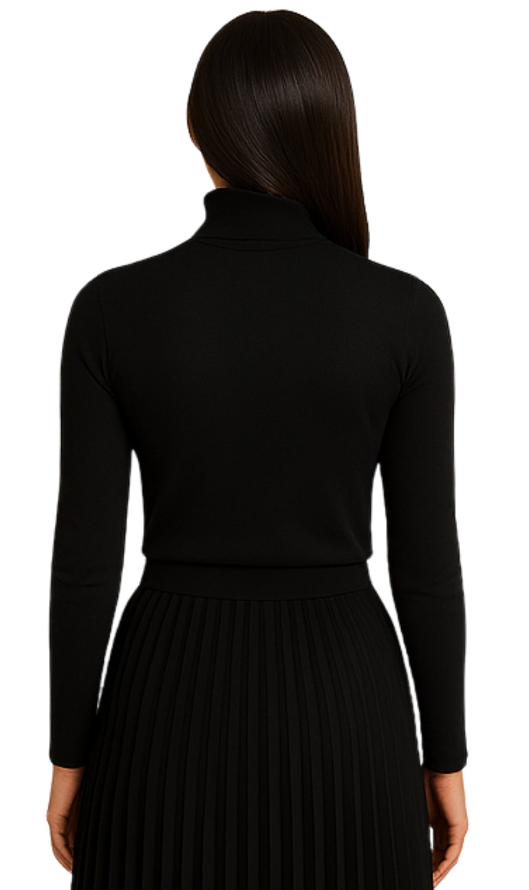 Woman wearing a black long-sleeve top and black pleated skirt on a white background