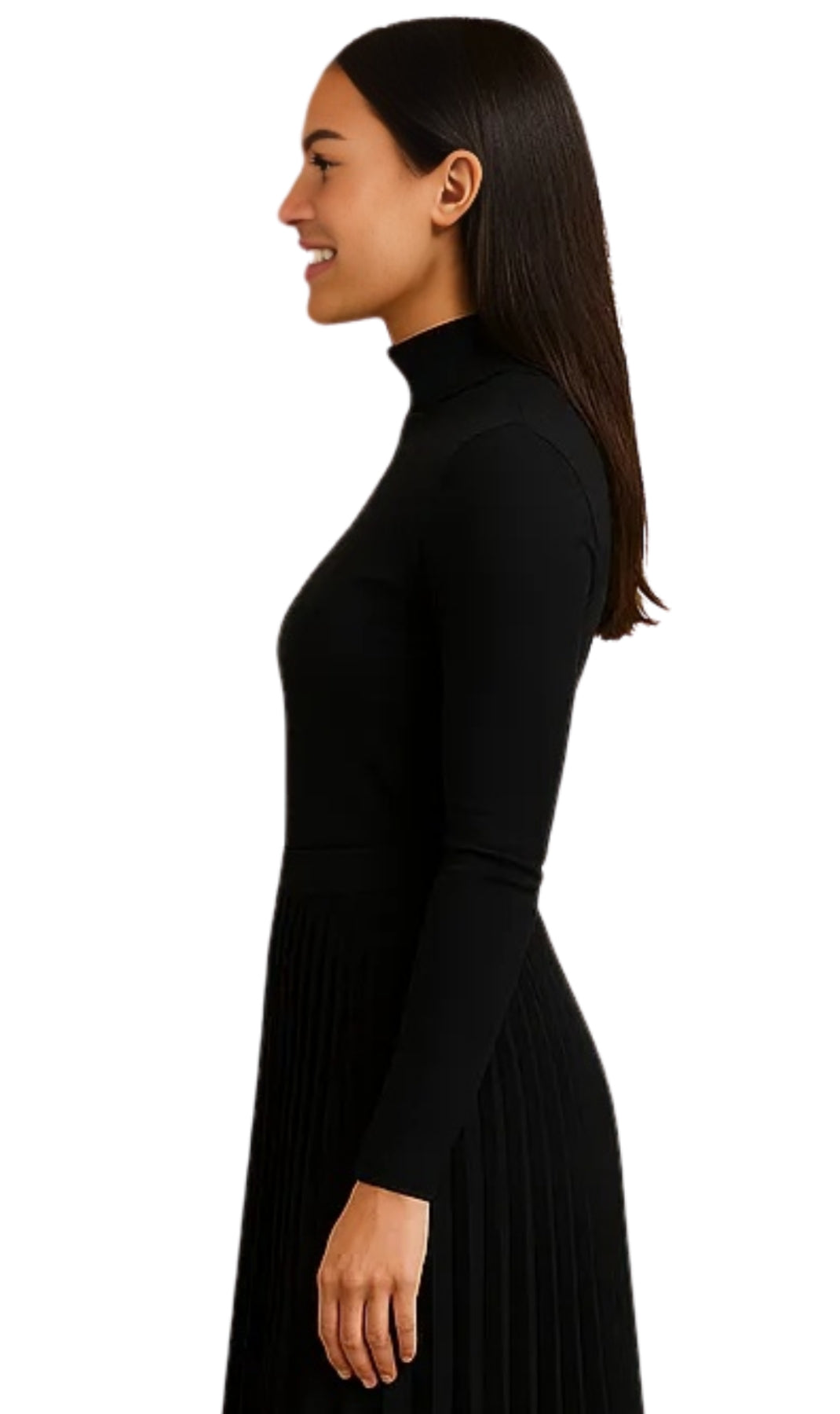 Woman wearing a black turtleneck dress on a white background