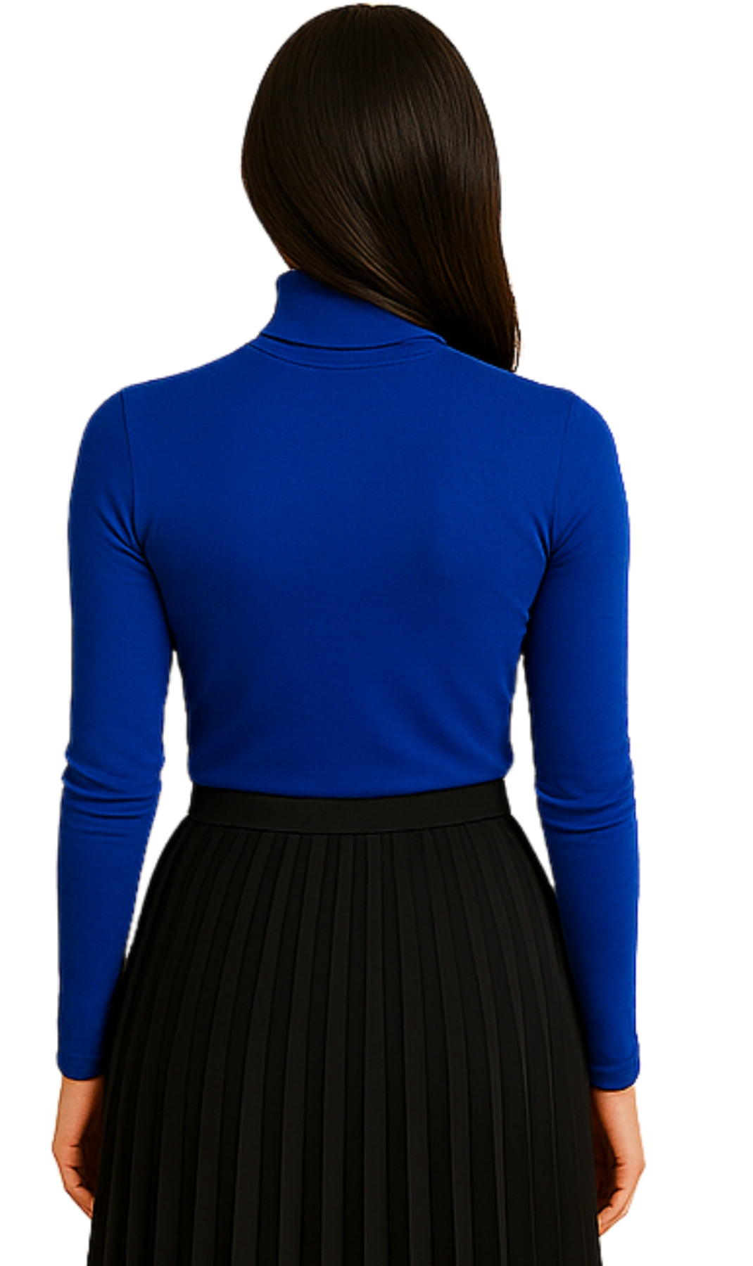 Person wearing a blue long-sleeve top and black pleated skirt on a white background