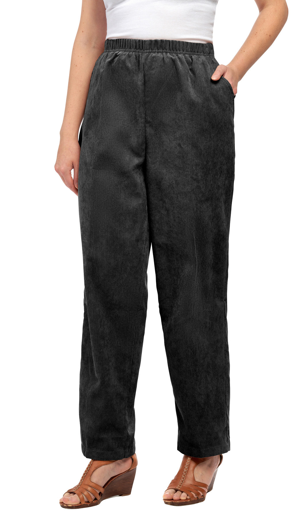 Women's Pull On Corduroy Pants ÔÇô Keep It Cozy in Fine Wale Corduroy Black  - Front - TURTLE BAY APPAREL