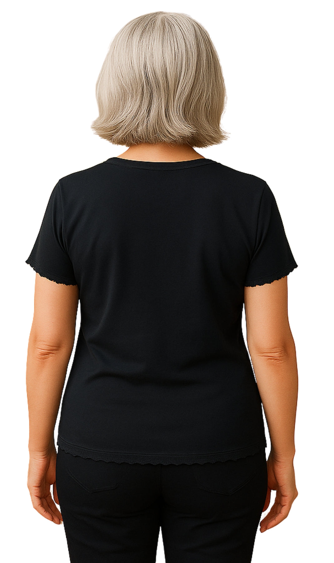 Person wearing a black t-shirt on a white background