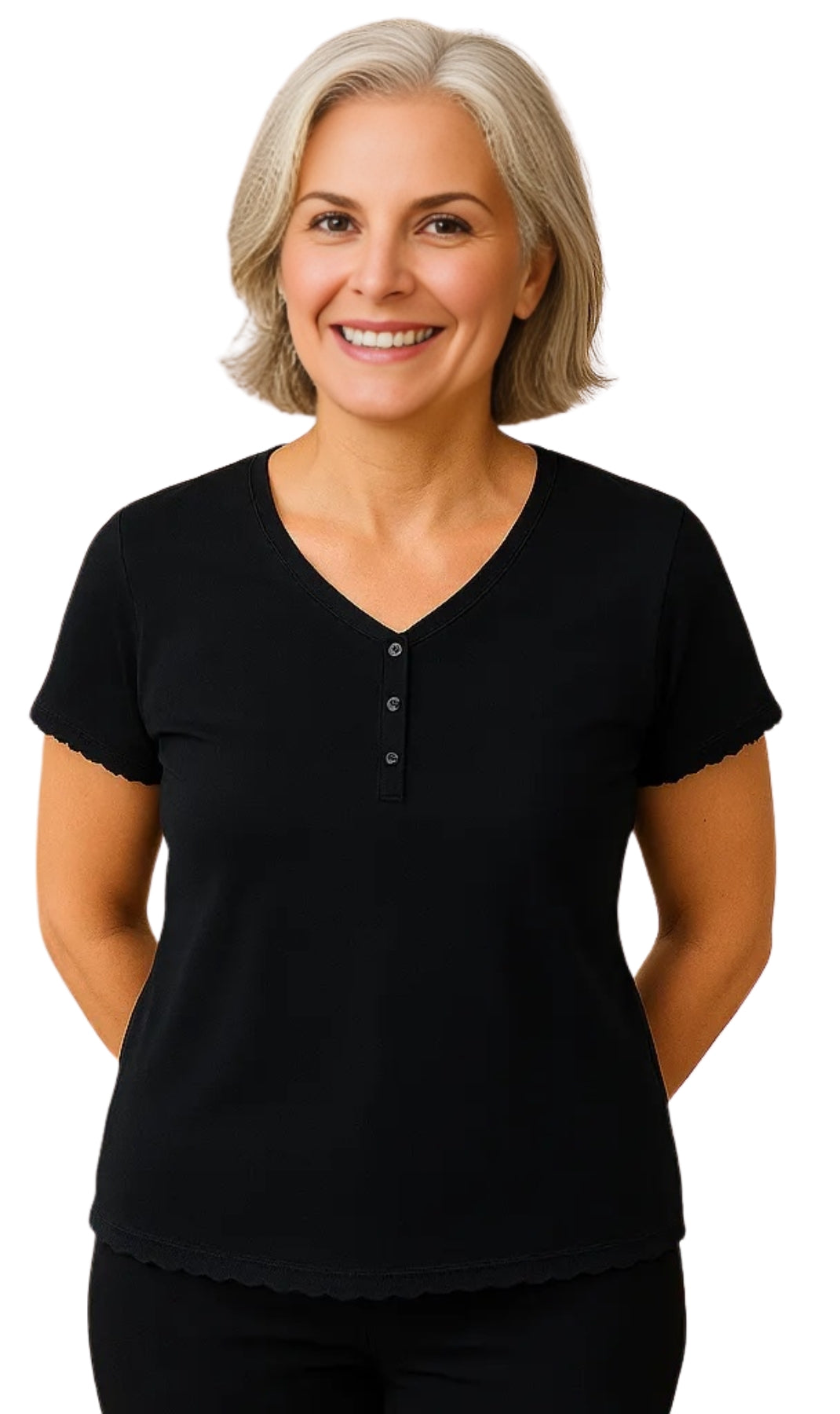 Woman wearing a black shirt with buttons on a white background