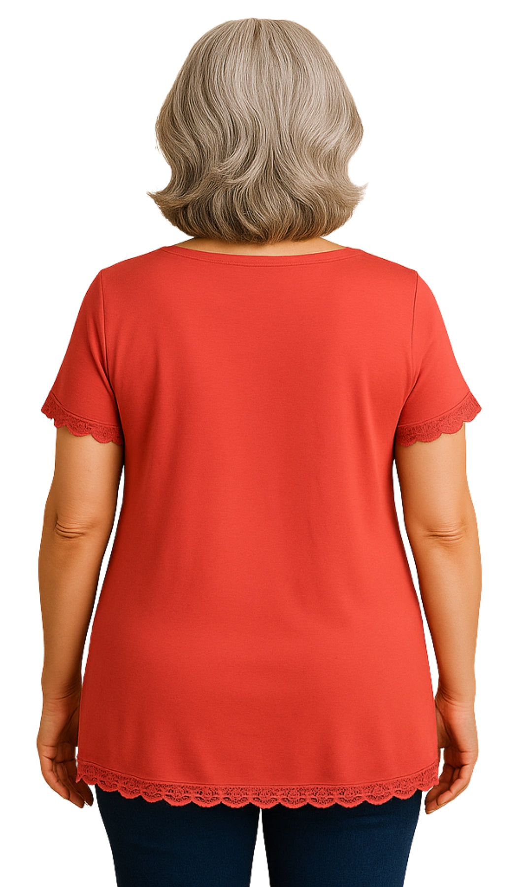 Person wearing a red top with scalloped hem on a white background