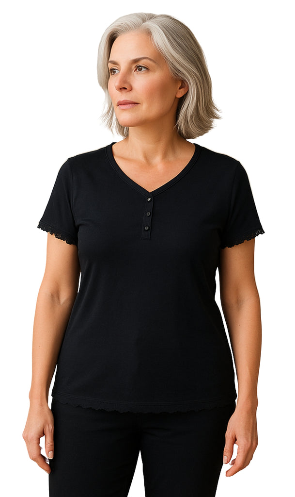 Woman wearing a black short-sleeve shirt on a white background