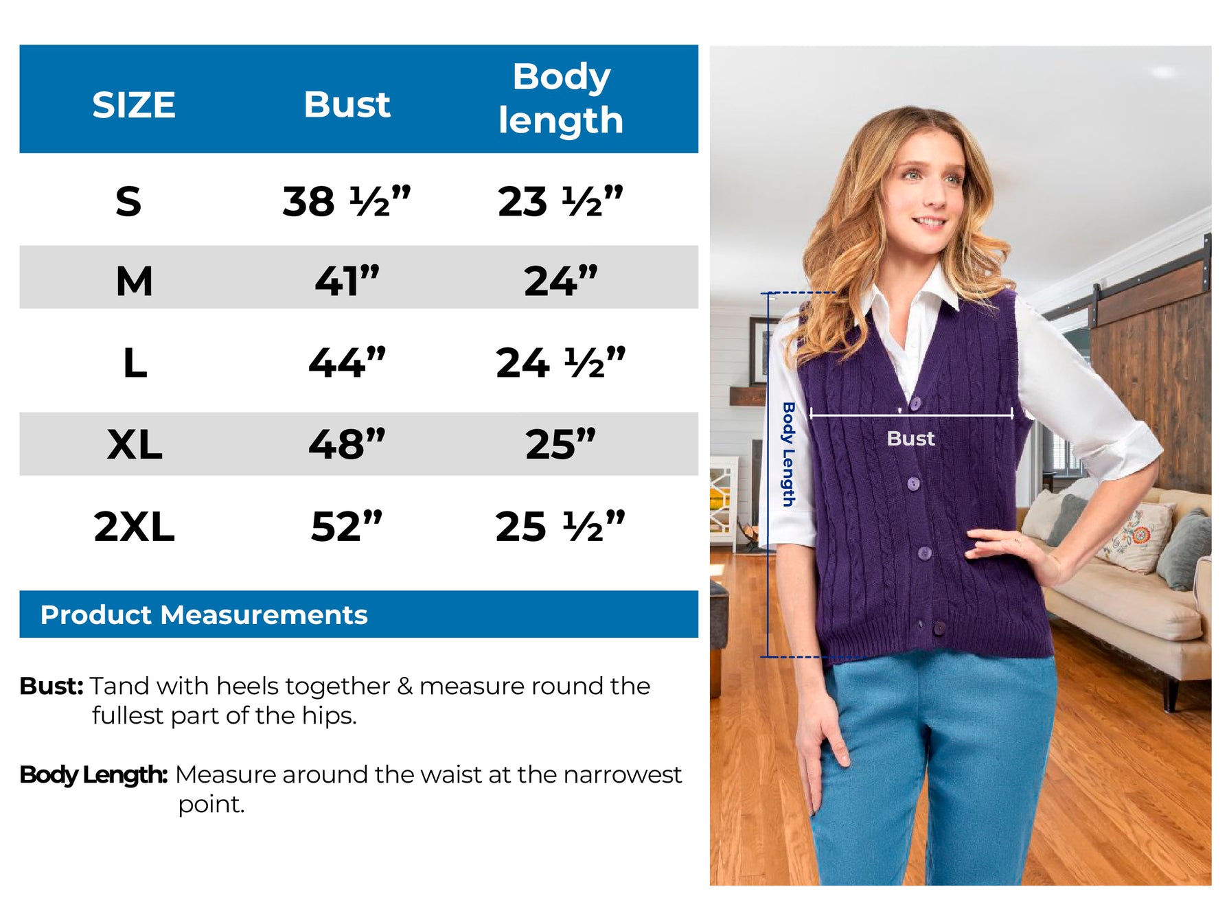 Womens Button Front Cable Knit Cardigan Sweater Vest Size Chart