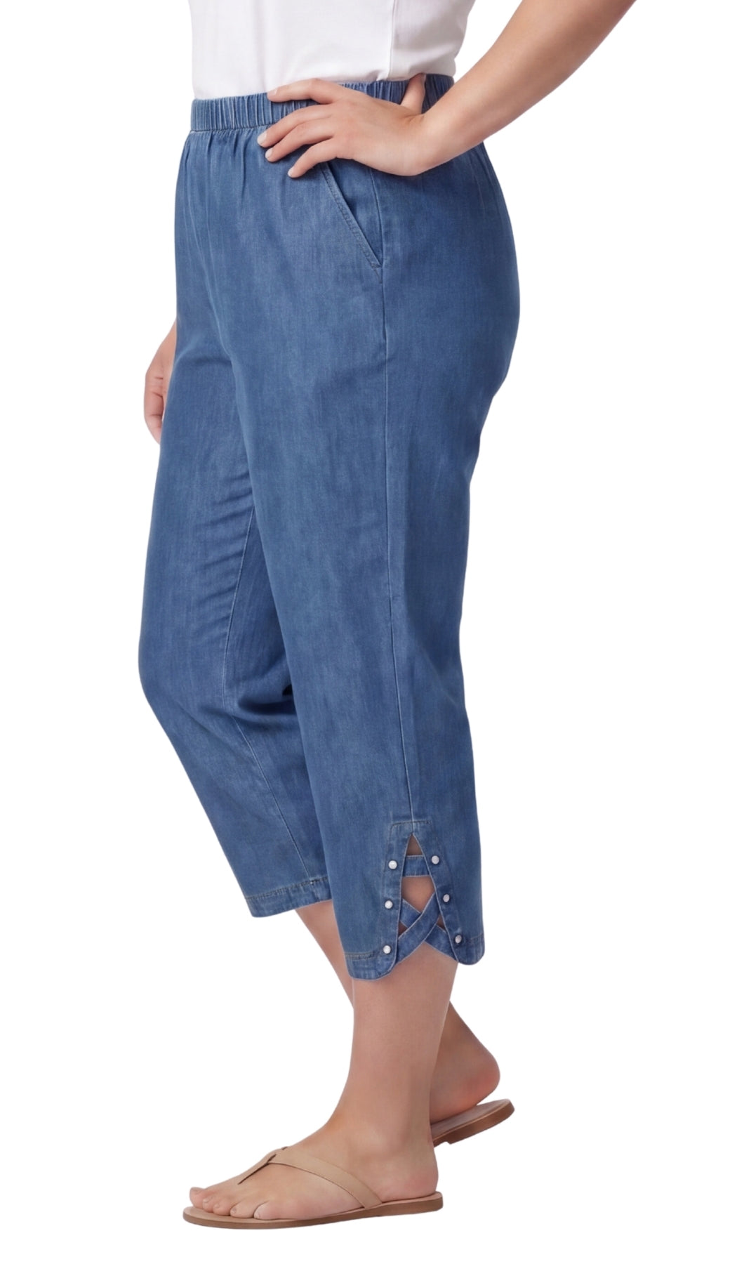 Turtle Bay New York Women’s Lightweight Capris with Studded Hem Detail medblue side